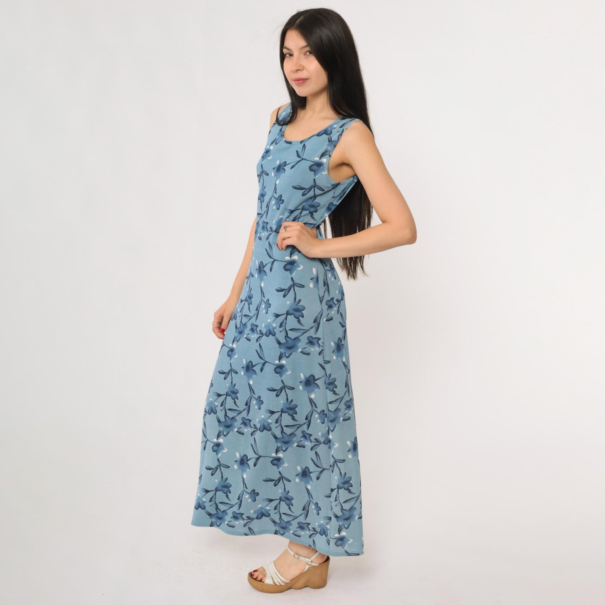 90s Blue Floral Maxi Dress Sleeveless Tank Scoop Neckline Medium M