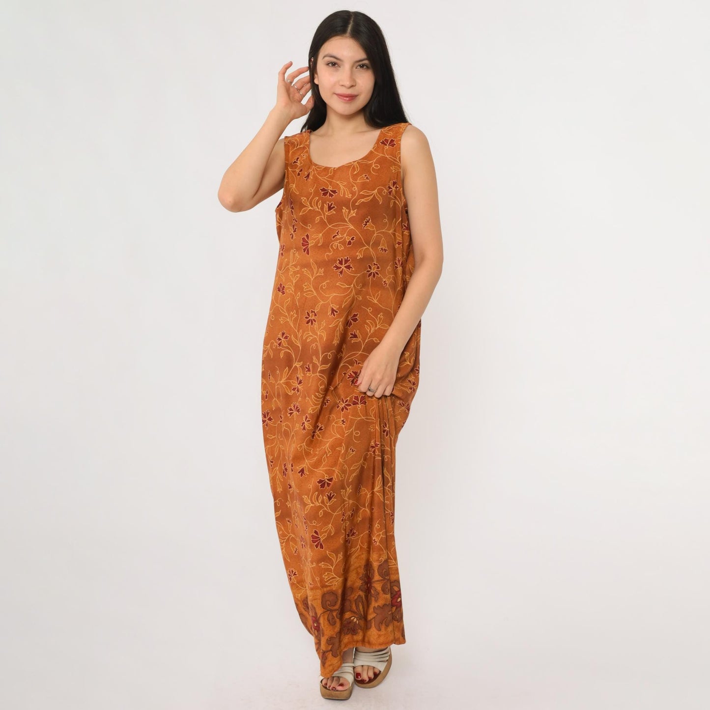 90s Burnt Sienna Floral Maxi Dress Sleeveless Tank Scoop Neck Large L