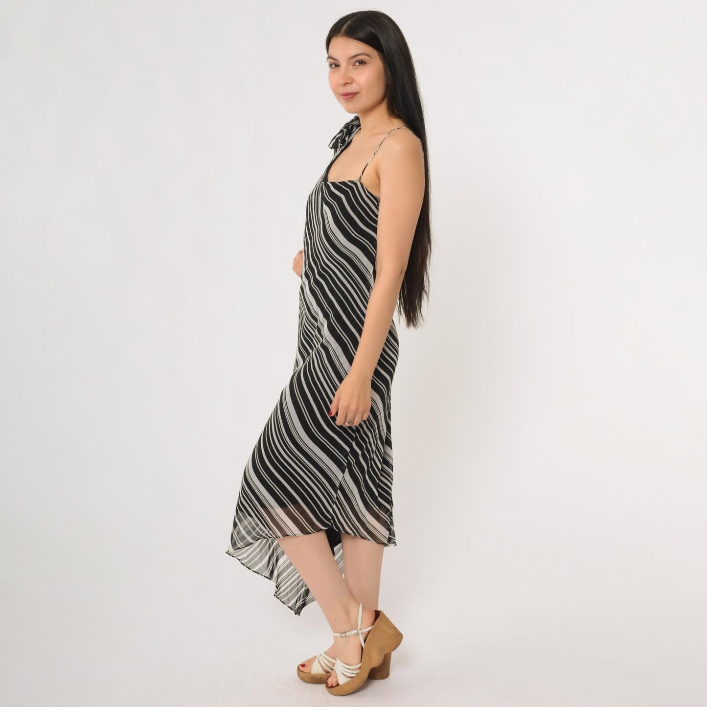 Y2K Liz Minelli Black White Diagonal Stripe One-Shoulder Midi Dress Medium M