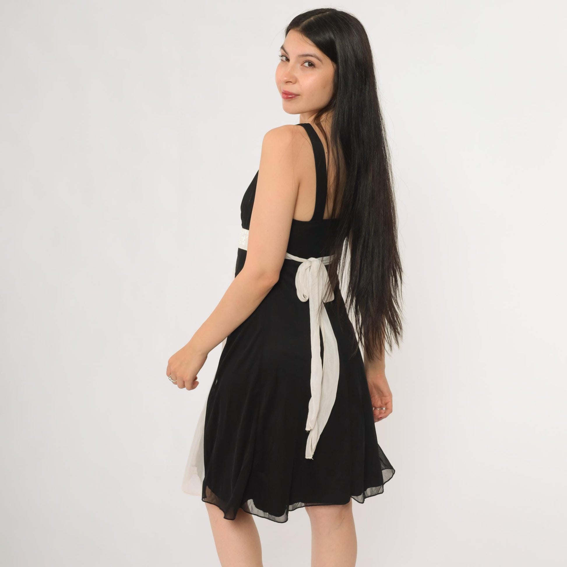 Y2K Ruby Rox Black Cream Colorblock Mini Dress Deep V Empire Waist Small