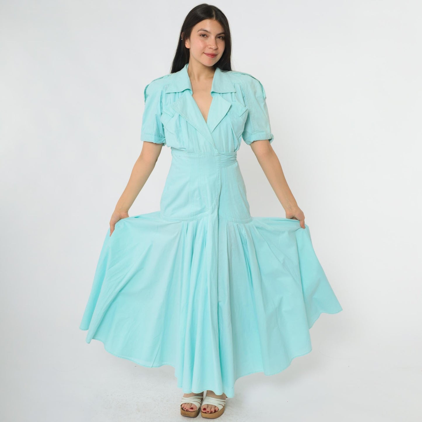90s Karen Alexander Prairie Wrap Dress Mint Green Cotton Maxi Puff Sleeves Small S