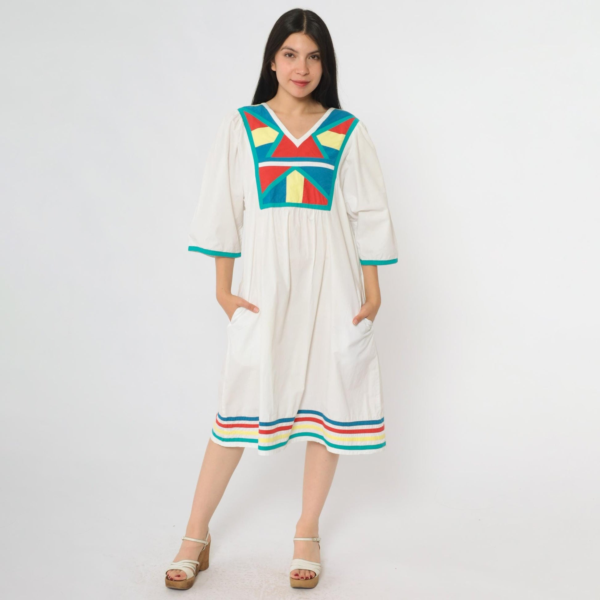 80s Foleys White Cotton Midi Dress Geometric Colorblock V-Neck Medium M