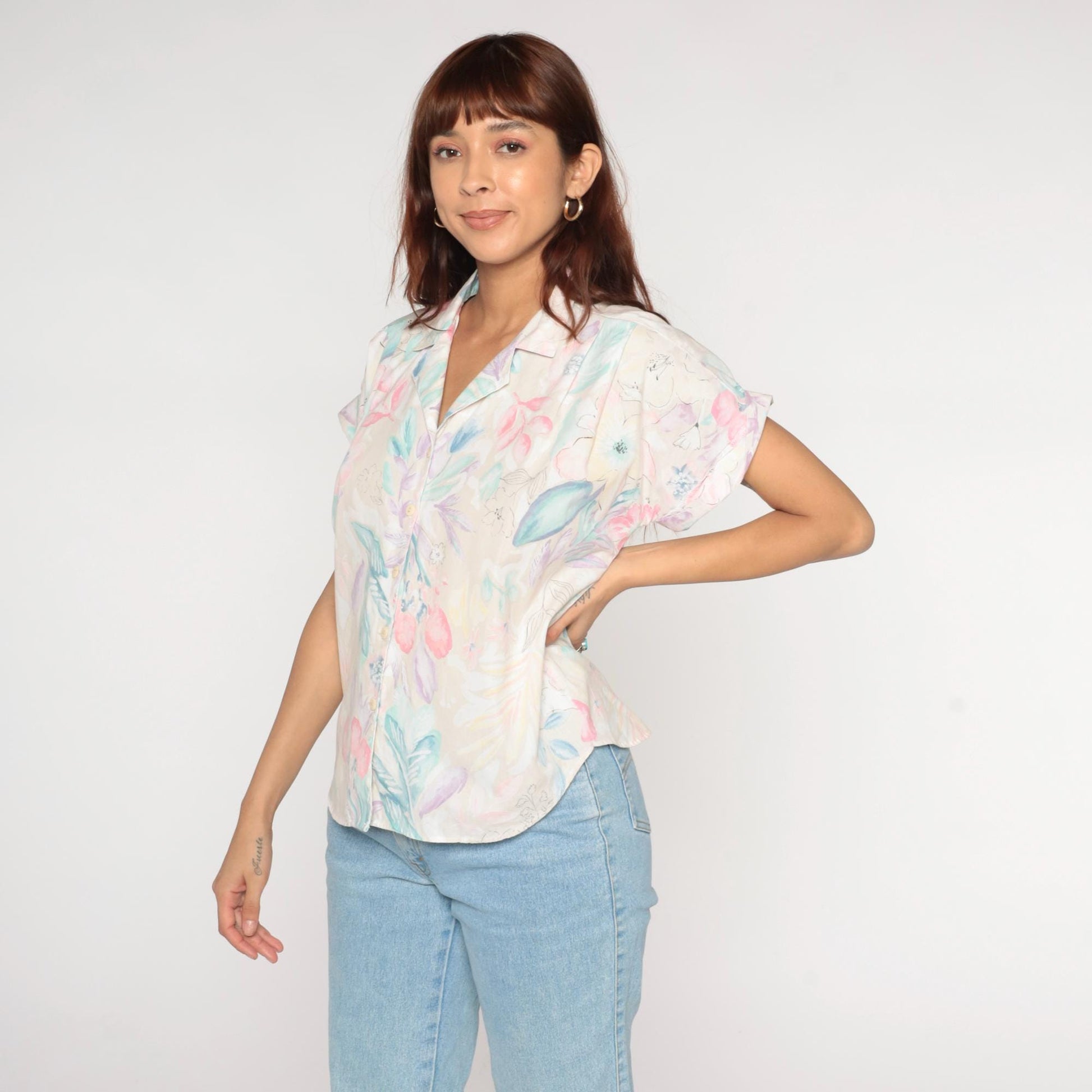 1990s Tapestry Pastel Floral Cotton Button-Up Shirt Short Sleeve Medium