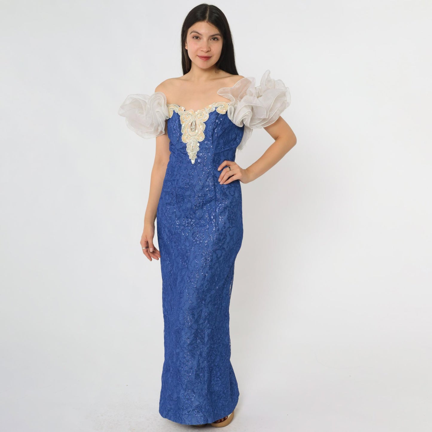 80s Royal Blue Lace Prom Gown Loralie Beaded Strapless Small