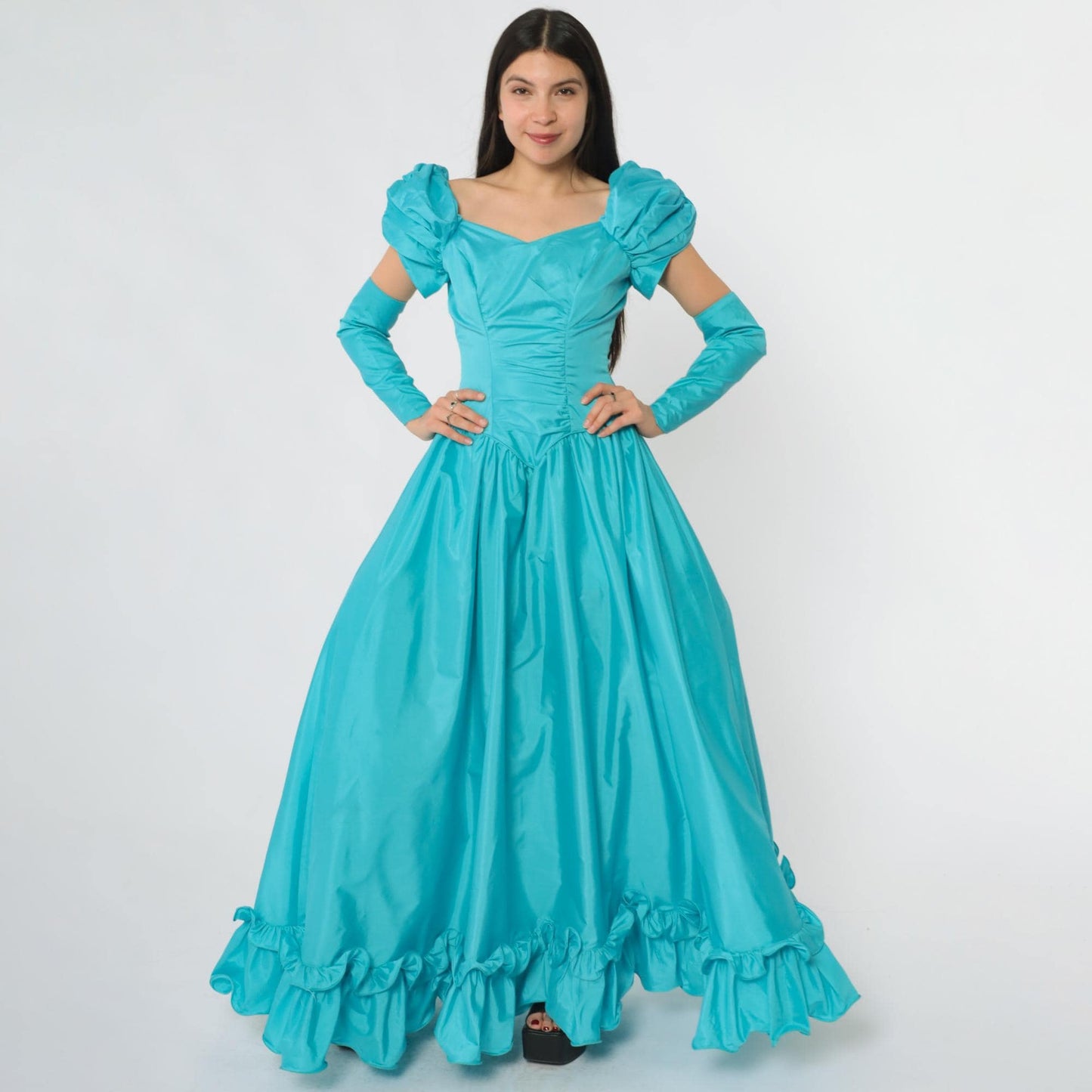 80s Turquoise Ball Gown Puff Sleeve Off-Shoulder Sweetheart Neckline Extra Small XS