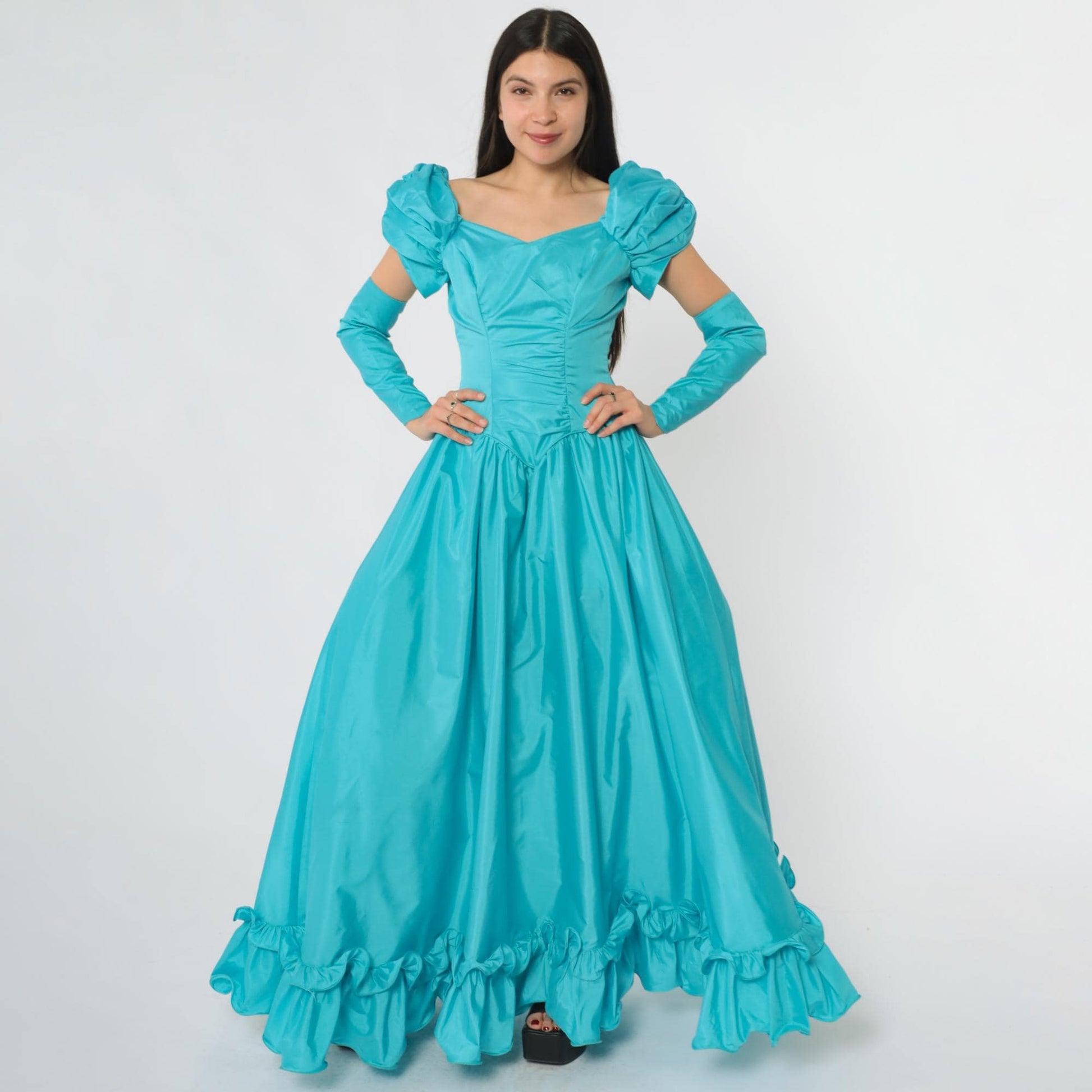 80s Turquoise Ball Gown Puff Sleeve Off-Shoulder Sweetheart Neckline Extra Small XS
