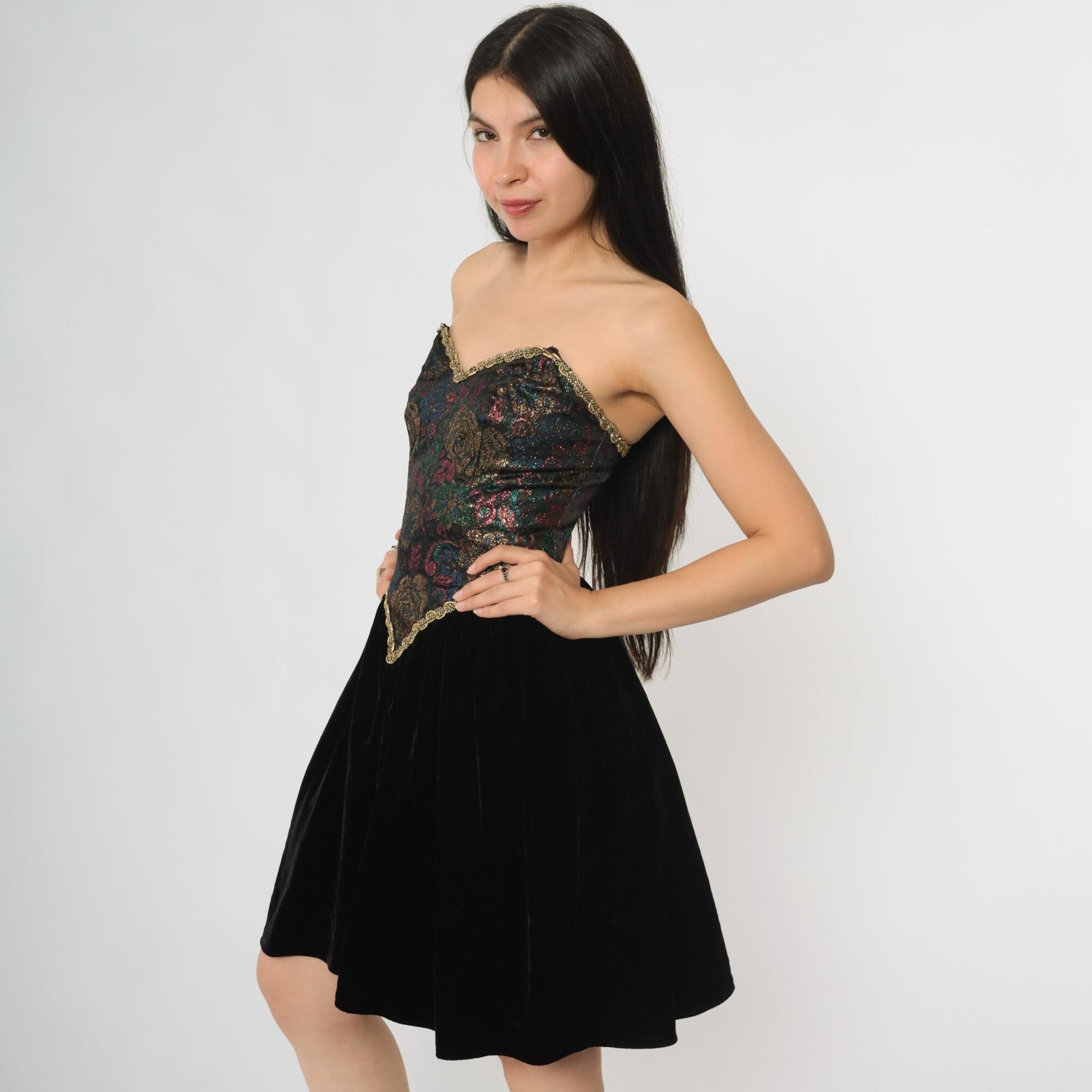 80s Zum Zum Black Mini Dress Brocade Bodice Gold Trim Sweetheart Small