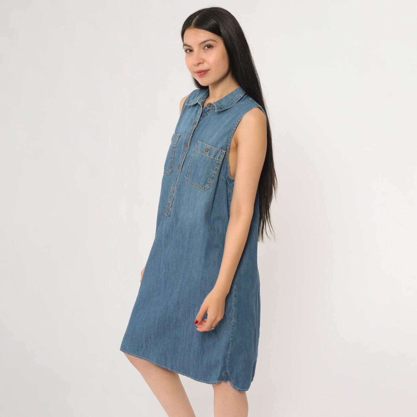 Y2K Chaps Denim Sleeveless Shirt Dress Blue Medium Wash Collar Extra Large XL