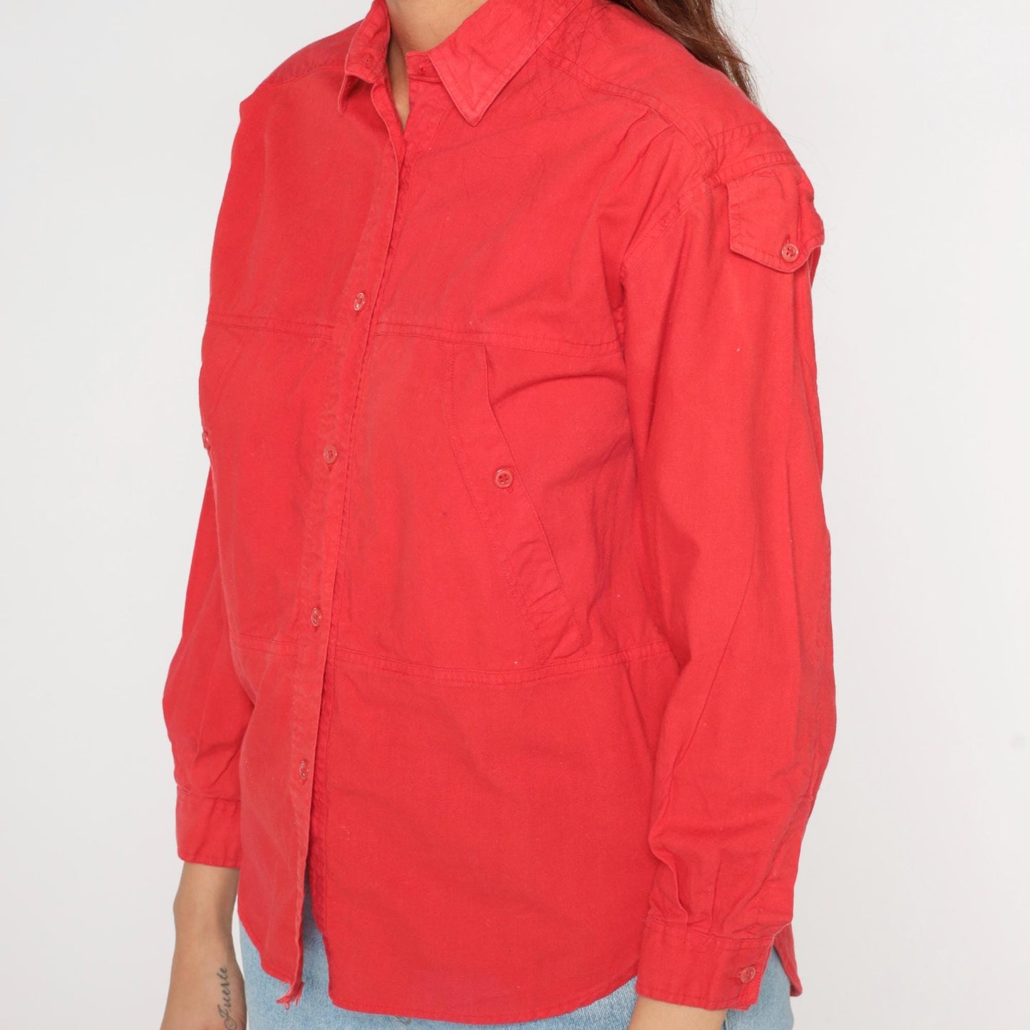 90s Jozell II Red Cotton Button-Up Shirt Shoulder Tabs Medium