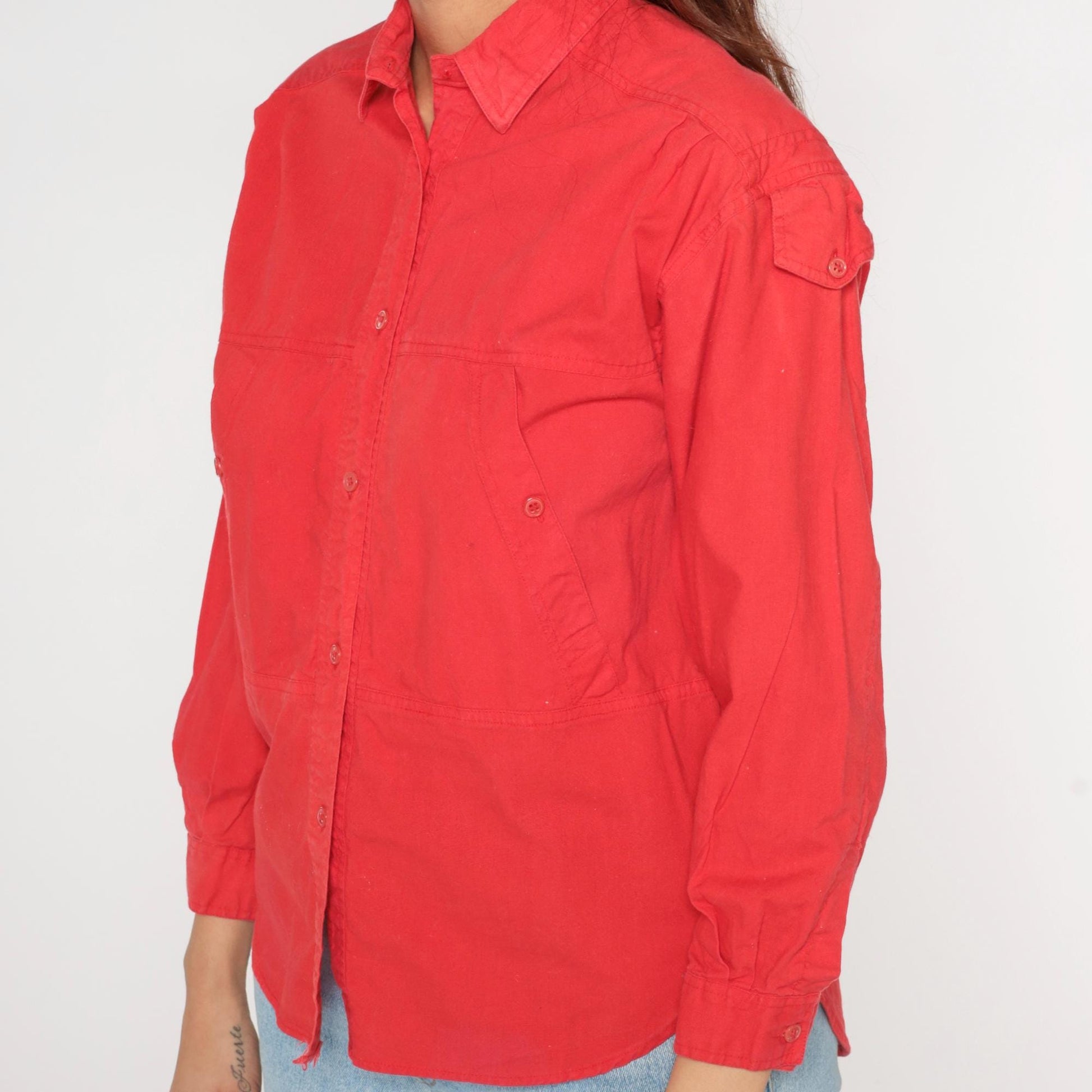 90s Jozell II Red Cotton Button-Up Shirt Shoulder Tabs Medium