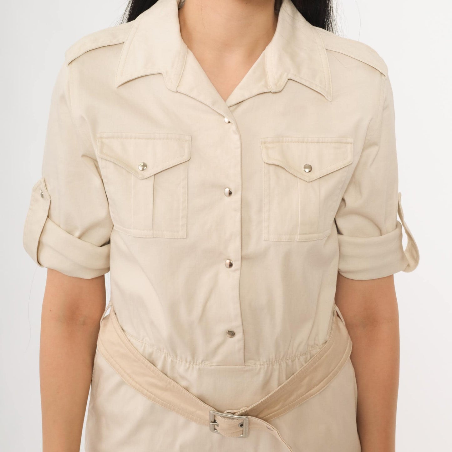 90s Safari Shirt Dress Beige Belted Utility Pockets Collared Midi Petite 8