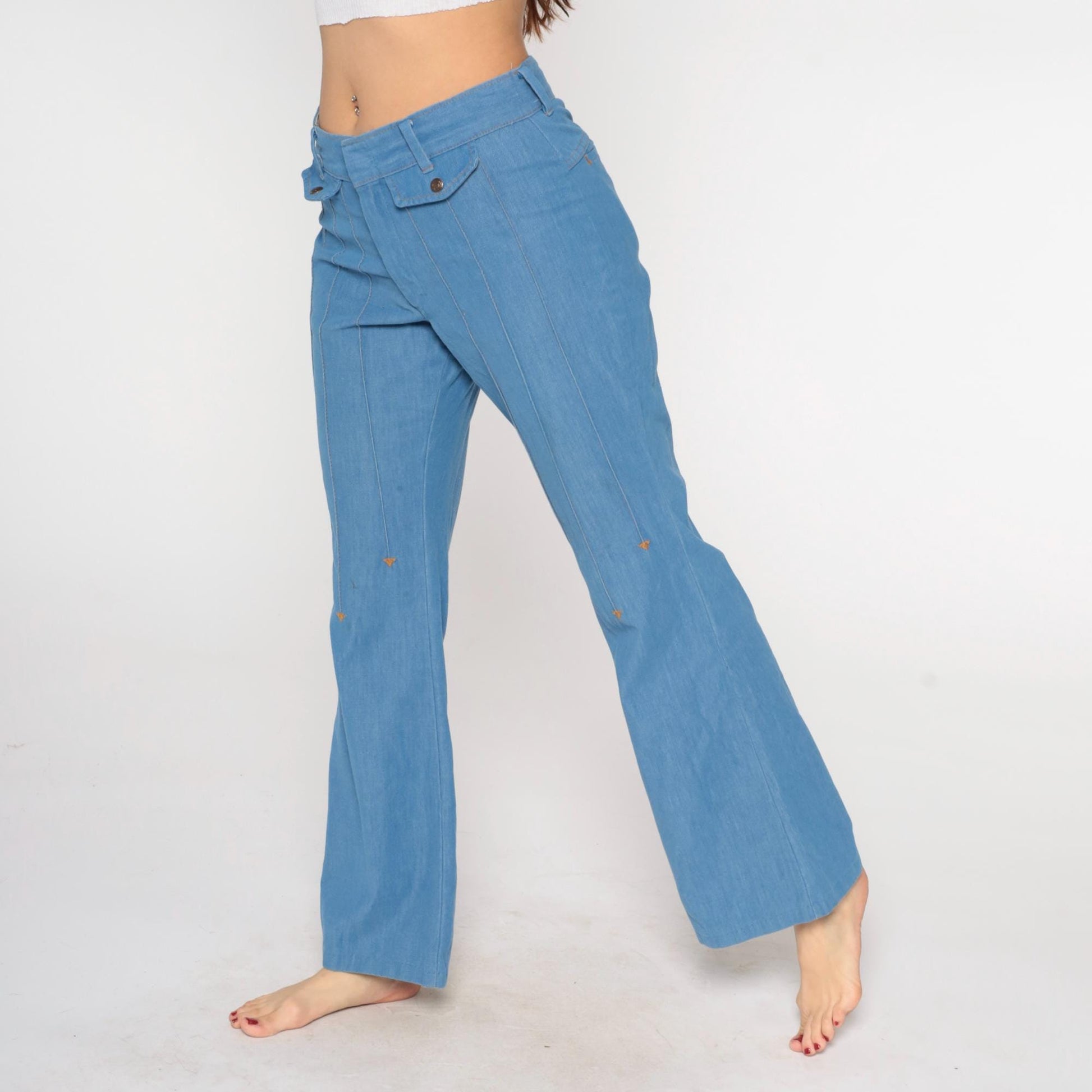 70s Sears Light Blue Flare Jeans High Waist Bell Bottom Denim 33x32