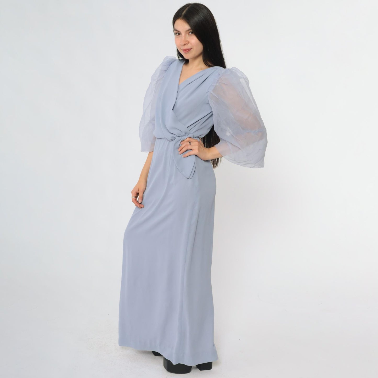 80s Miss Elliette Periwinkle Maxi Dress Puff Sleeve Wrap V-Neck Extra Small XS