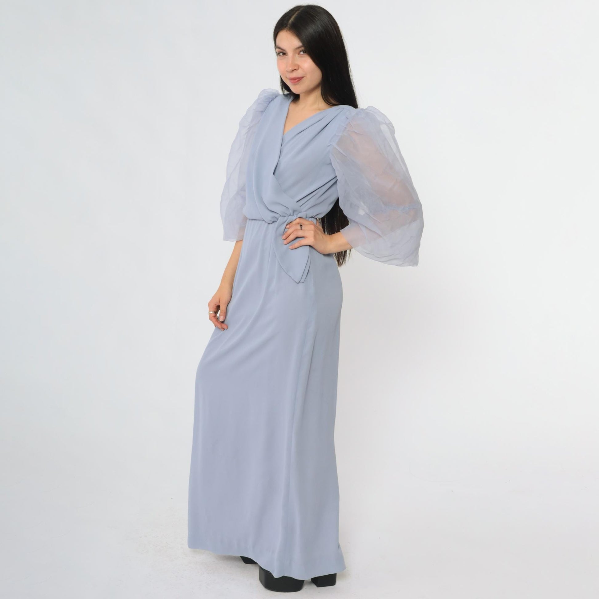 80s Miss Elliette Periwinkle Maxi Dress Puff Sleeve Wrap V-Neck Extra Small XS
