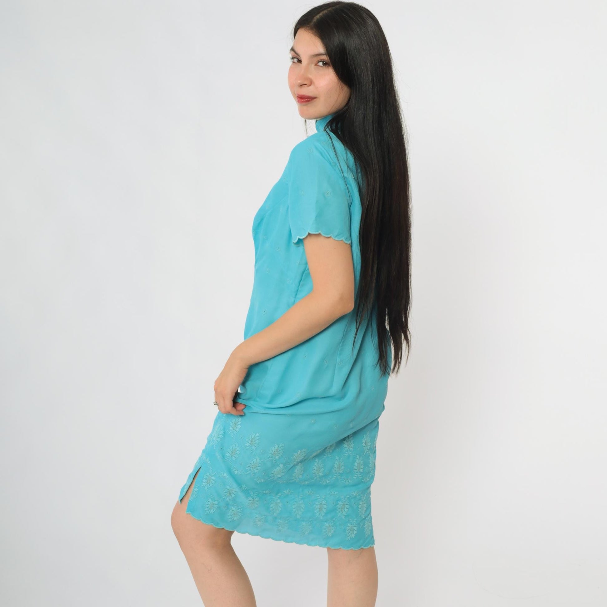 60s Turquoise Shift Dress Mandarin Collar Embroidered Eyelet Mini Large L