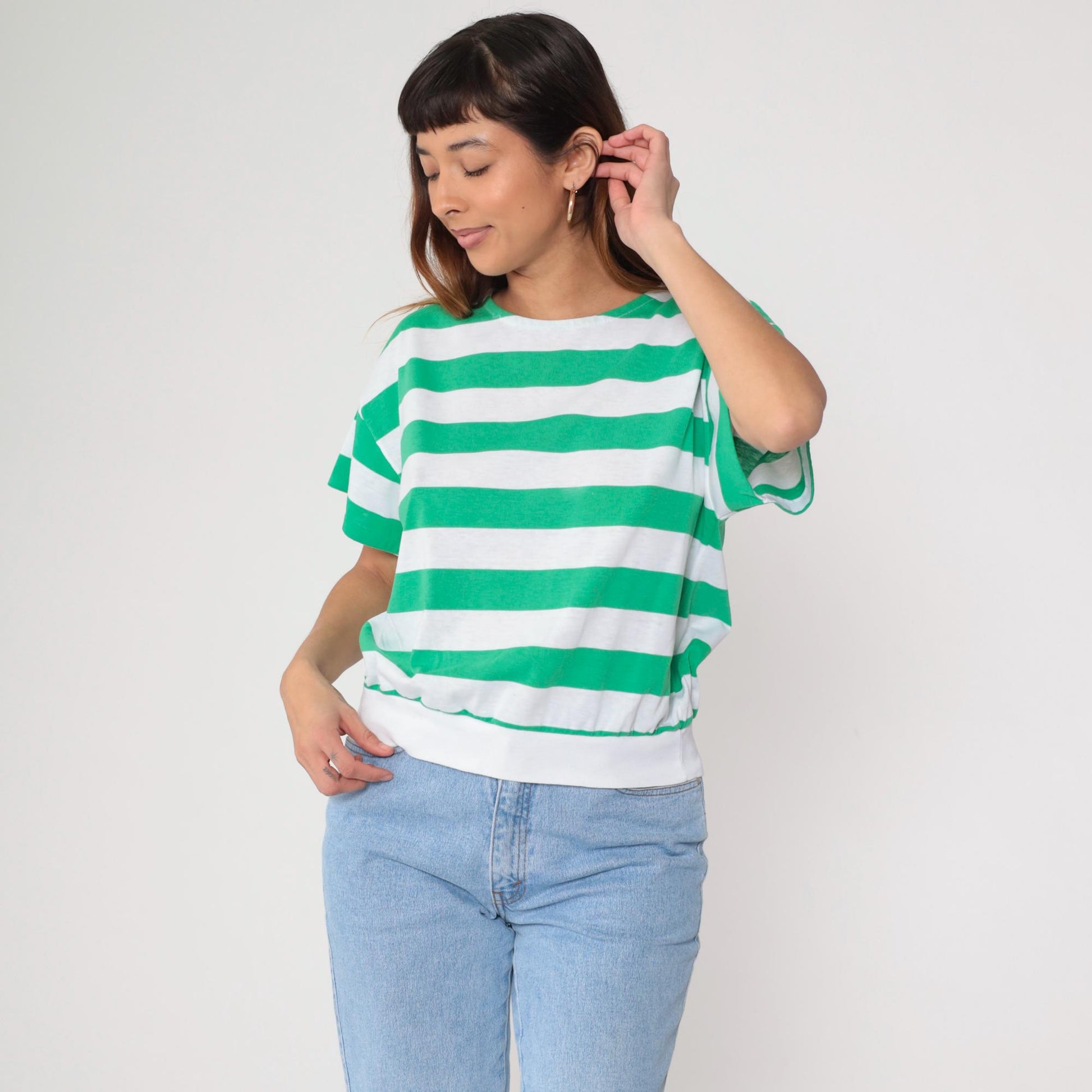 80s Striped T-Shirt White Green Crew Neck Short Sleeve Cotton Medium