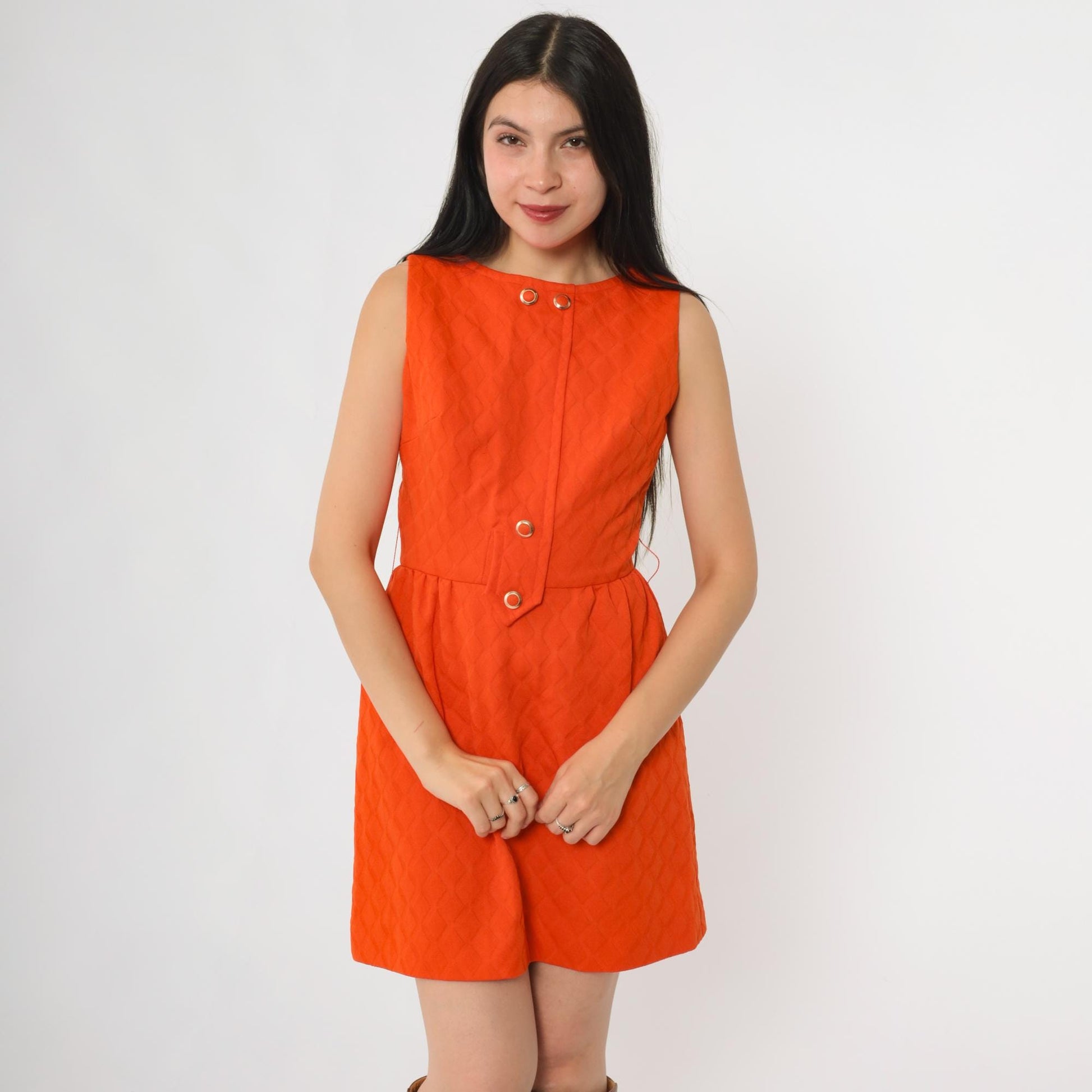 60s Orange Mod Mini Shift Dress A n R Jr Gold Button XS