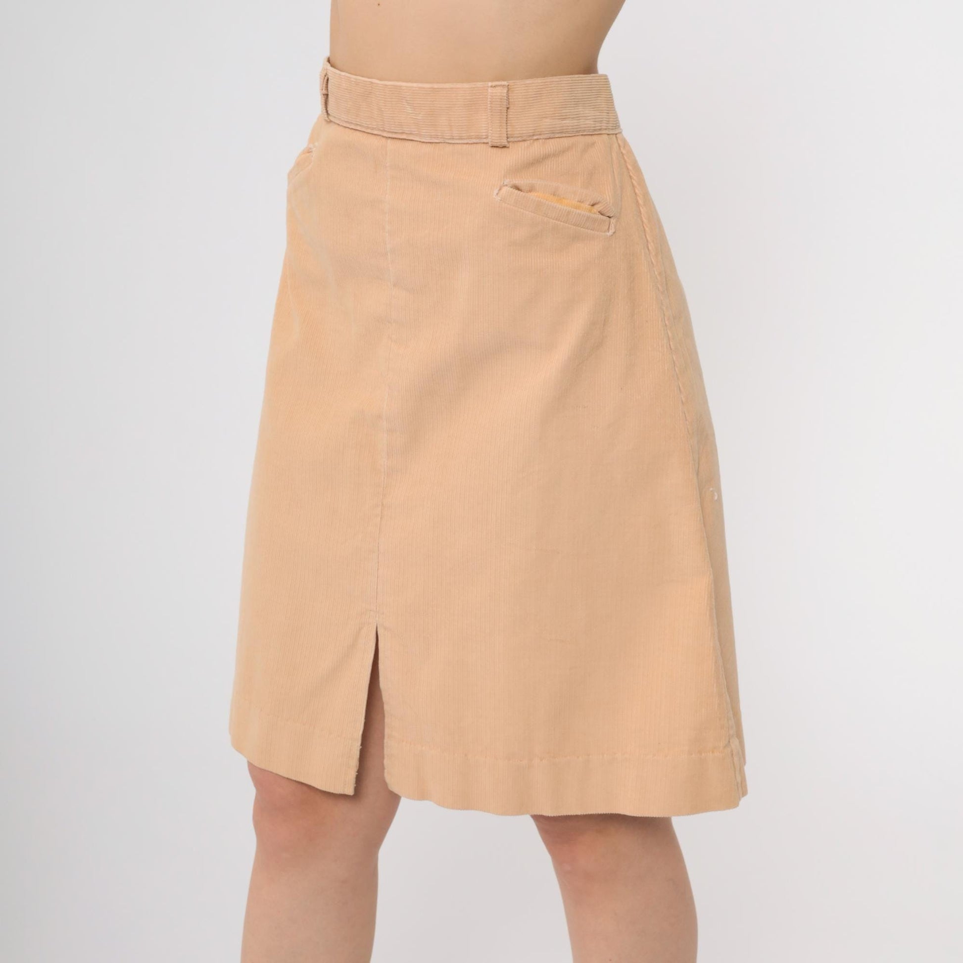 80s Tan Corduroy A-Line Skirt High Waisted Mini Front Slit Small S