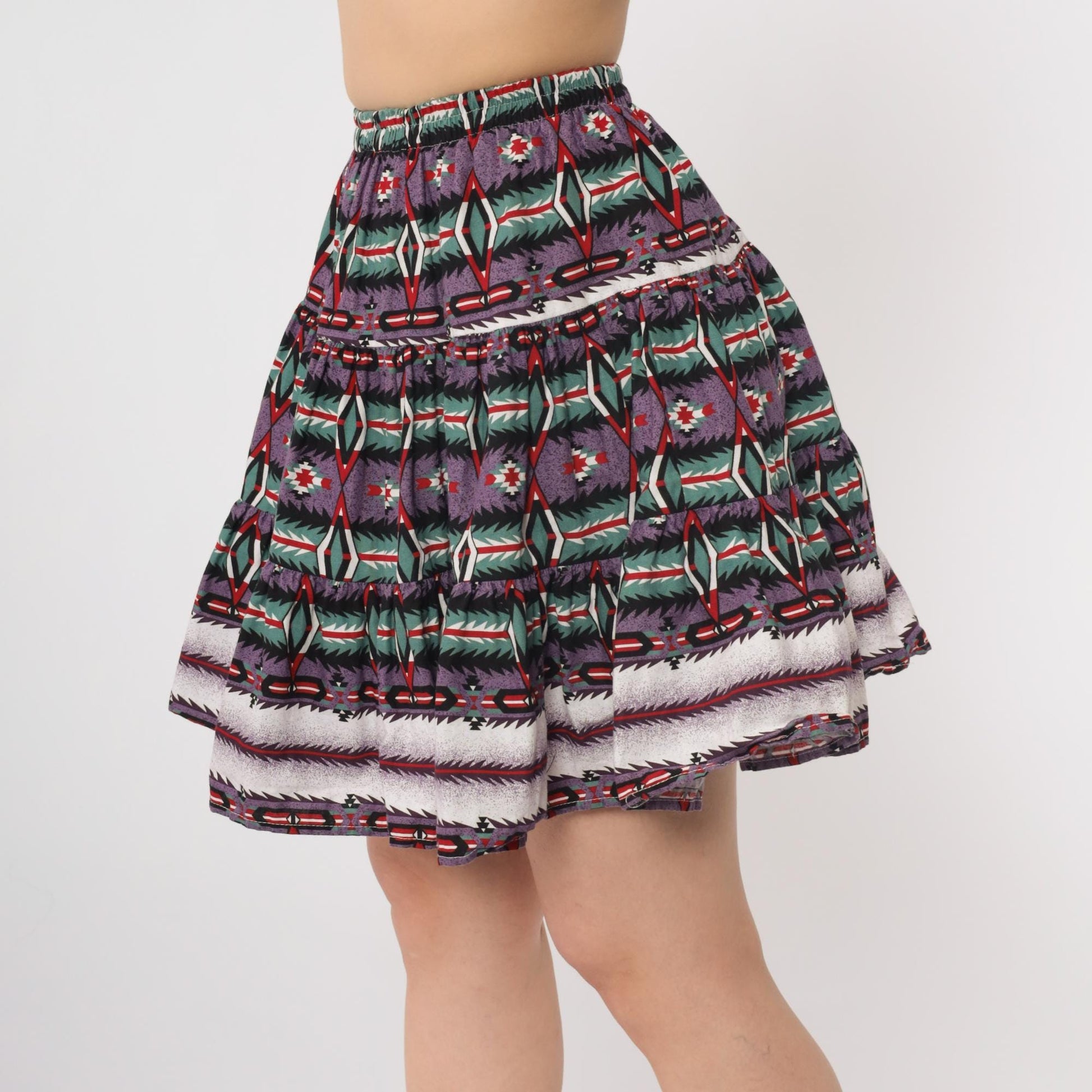 90s Roughrider Purple Green Geometric Southwest Circle Mini Skirt Extra Small