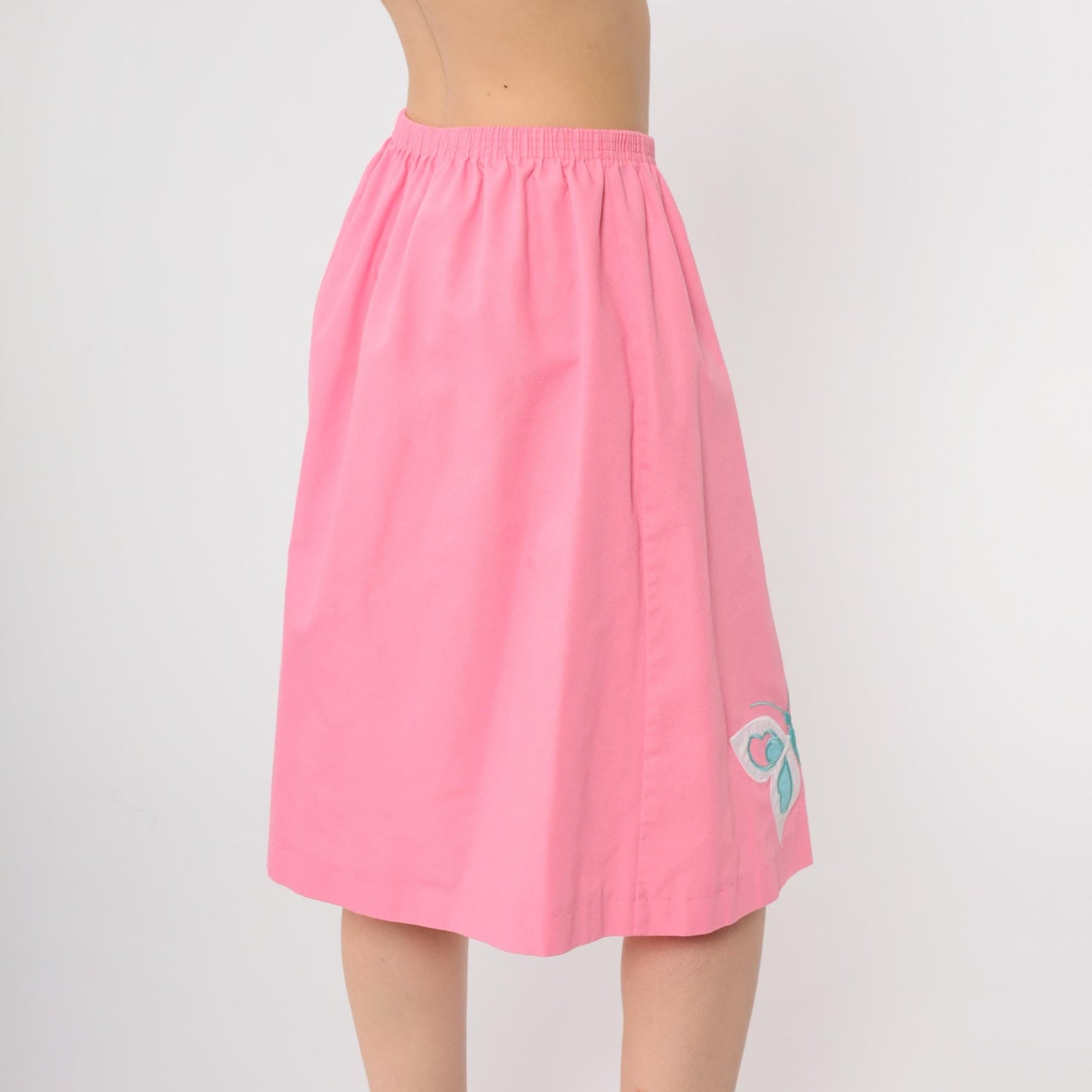 80s Hot Pink Butterfly Applique A-Line Midi Skirt Elastic Waist Large