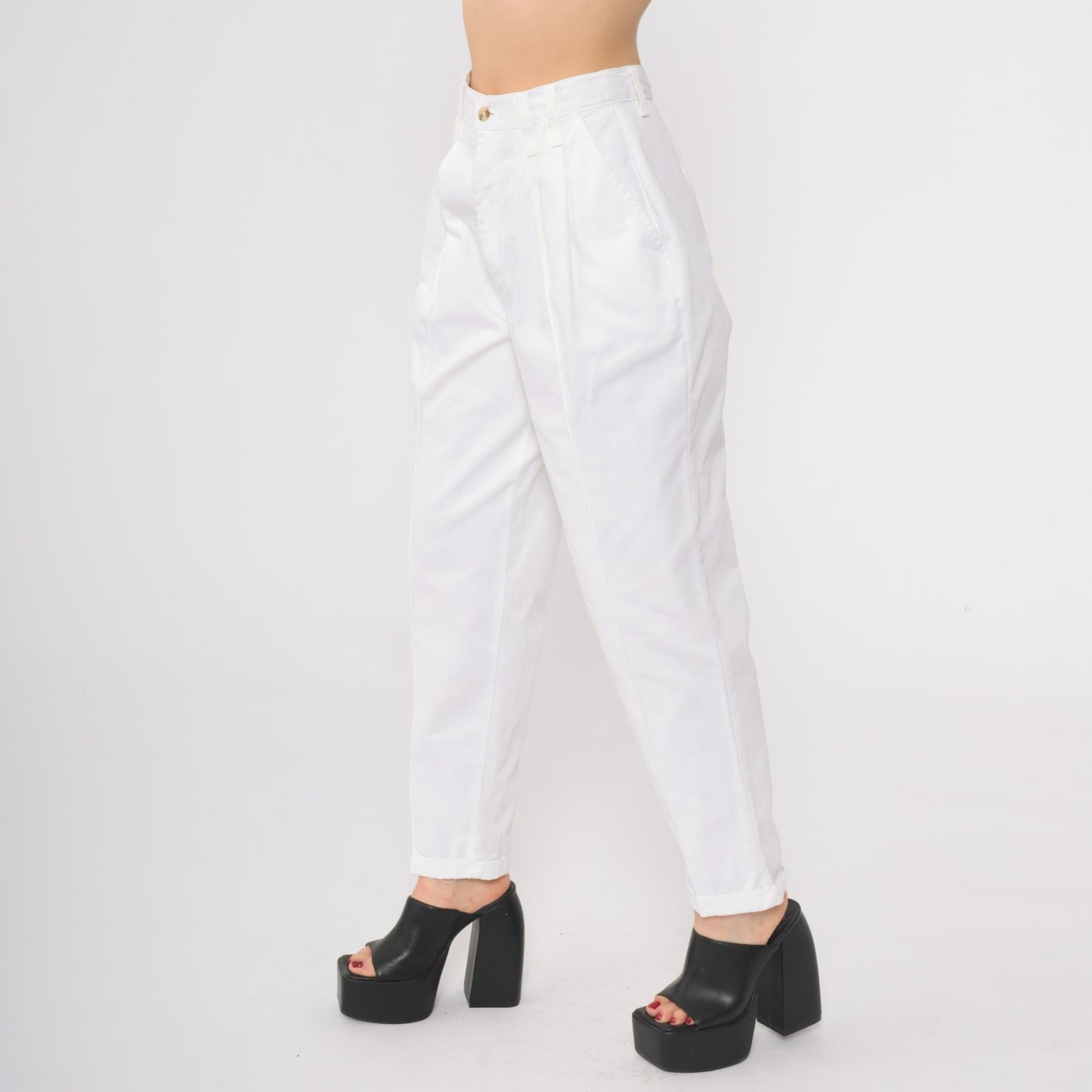 90s Chic White Cotton High-Waisted Straight Leg Trousers Petite 10