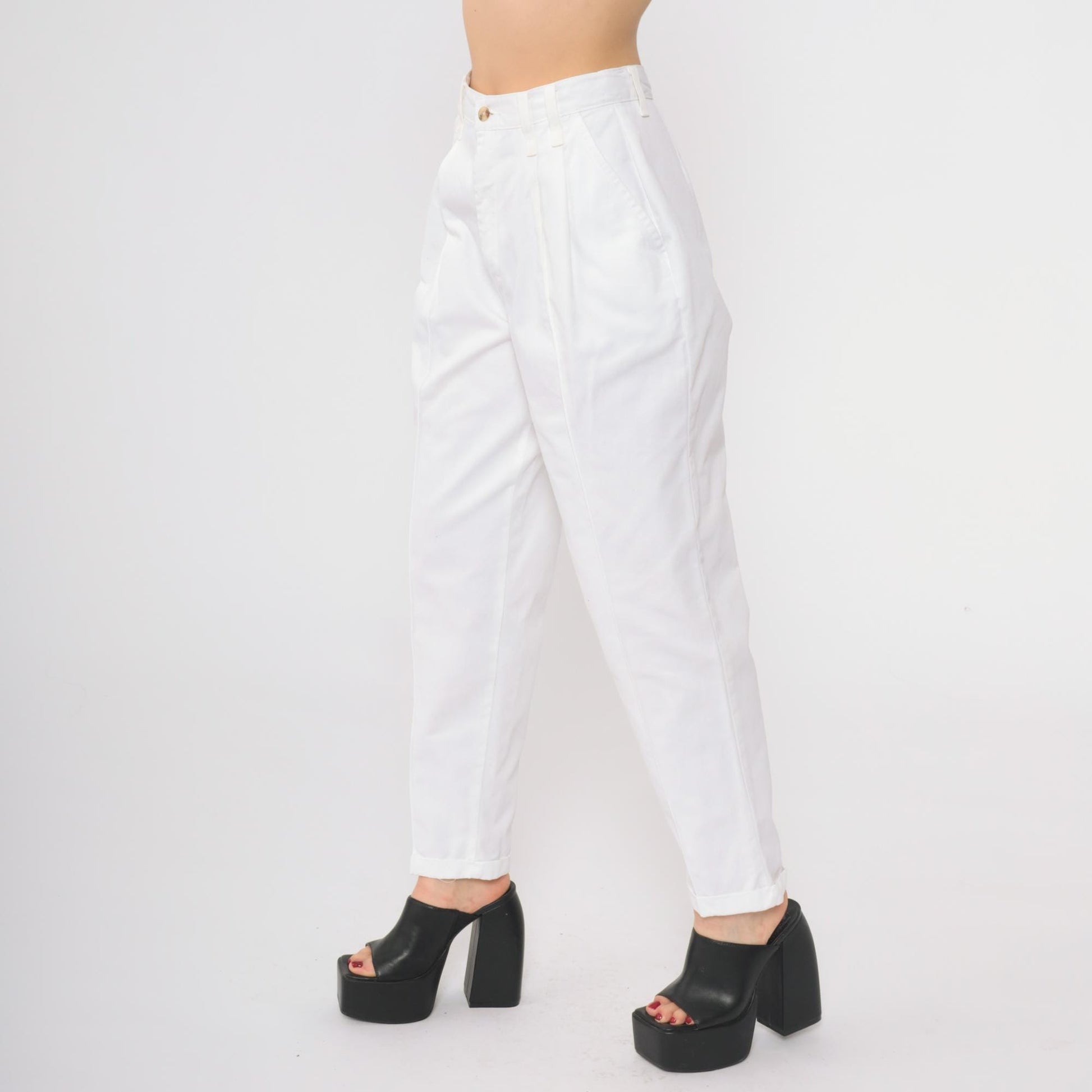 90s Chic White Cotton High-Waisted Straight Leg Trousers Petite 10