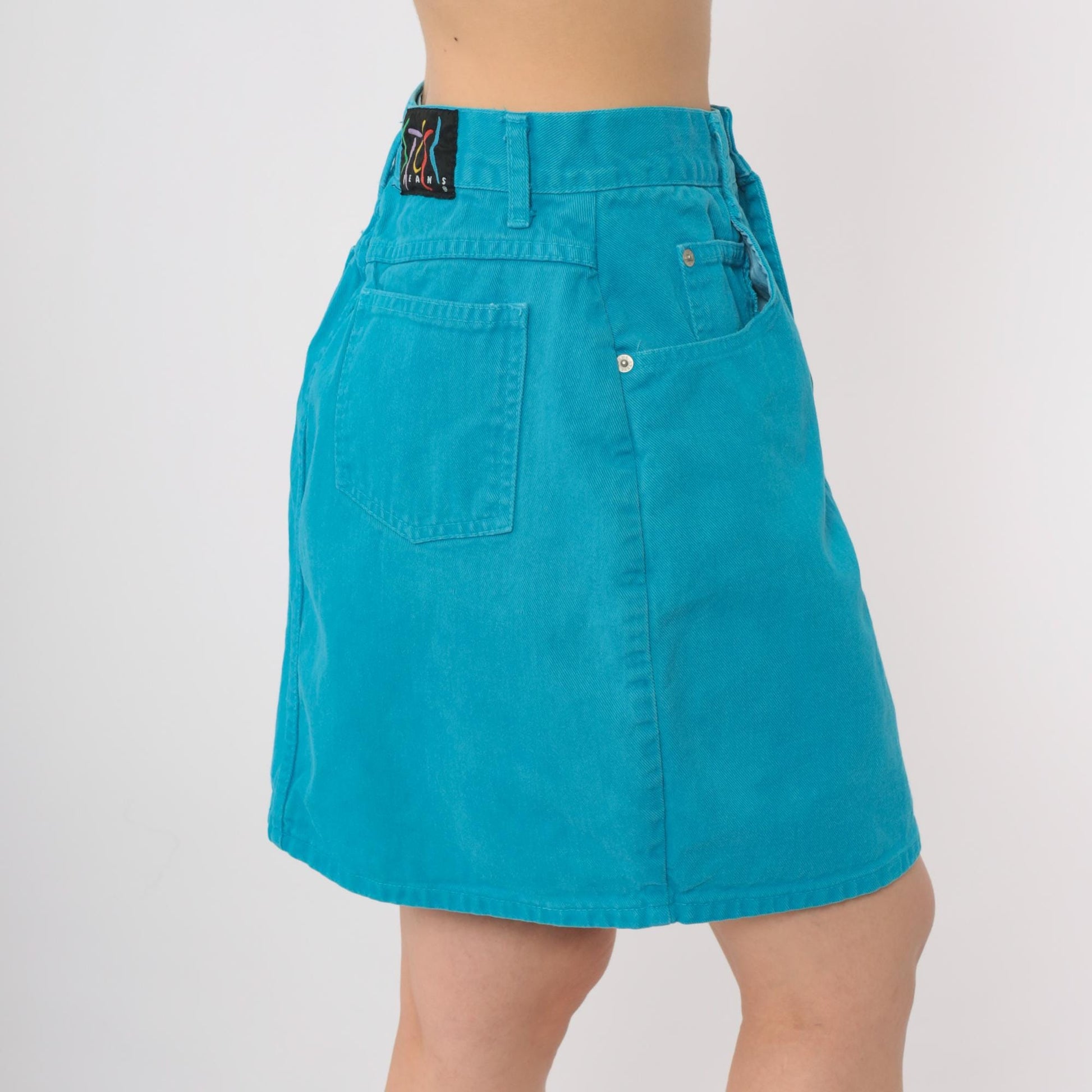 90s Steel Jeans Turquoise Denim Mini Skirt High Waisted A-Line Size 13