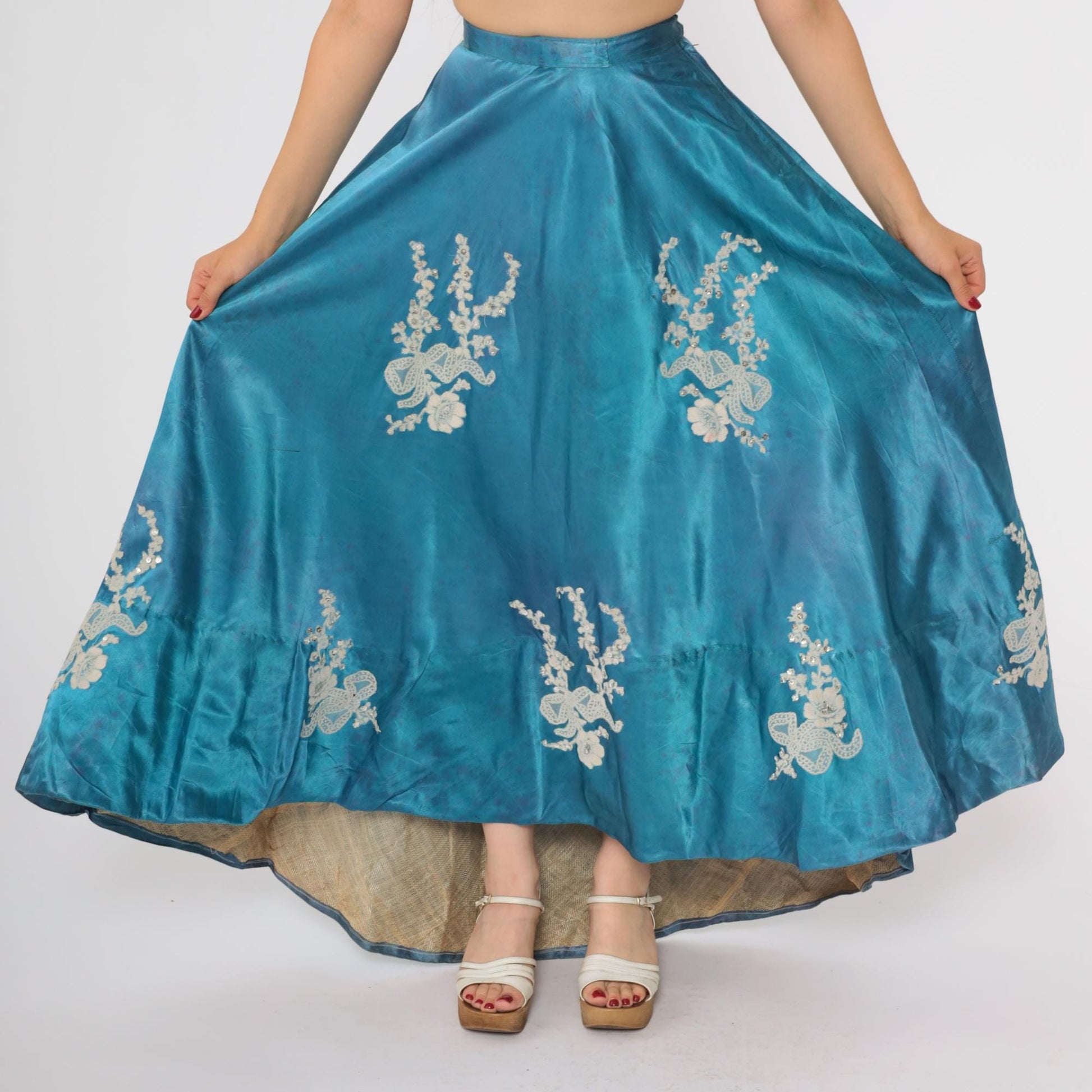 1940s Turquoise Circle Maxi Skirt Floral Embroidered High Waist XXS