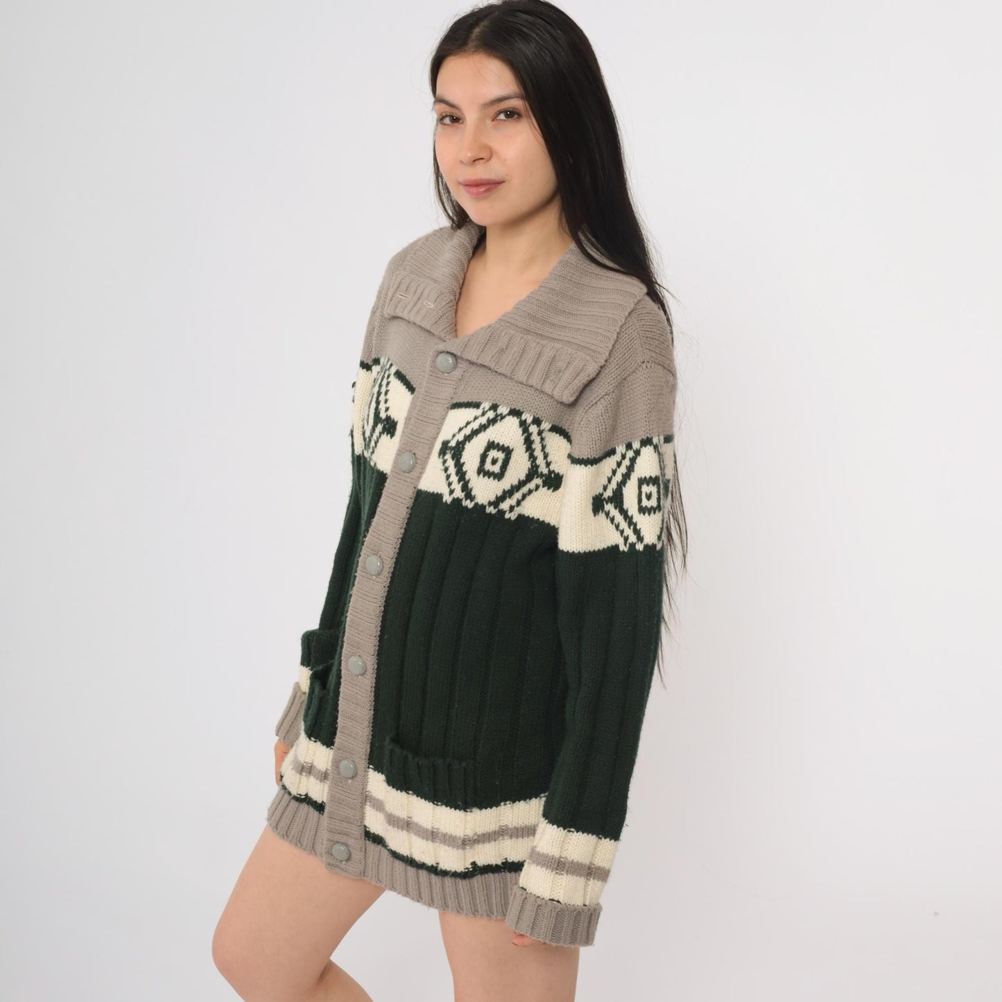 70s Sigallo Cardigan Sweater Taupe Green Diamond Shawl Collar Large L