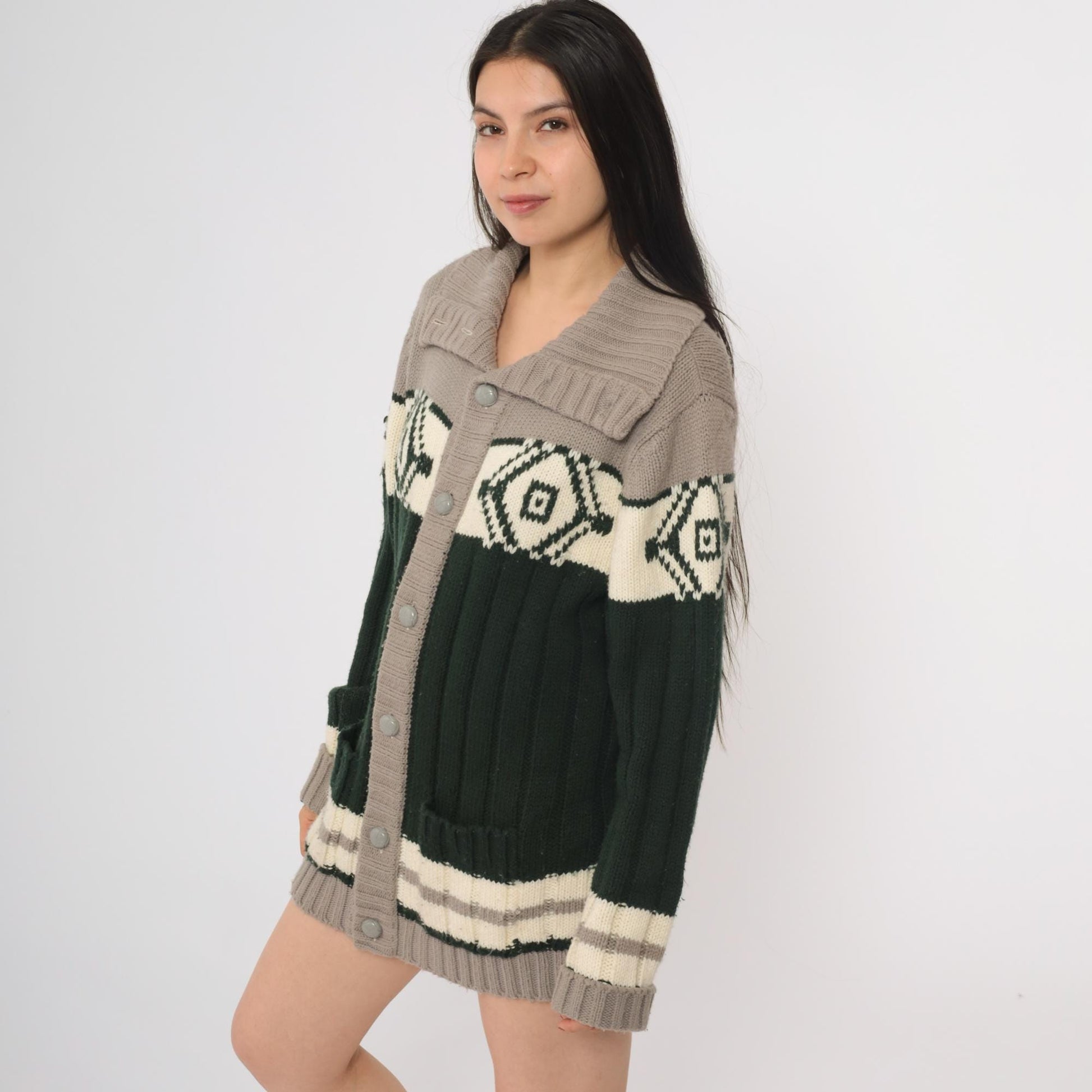 70s Sigallo Cardigan Sweater Taupe Green Diamond Shawl Collar Large L