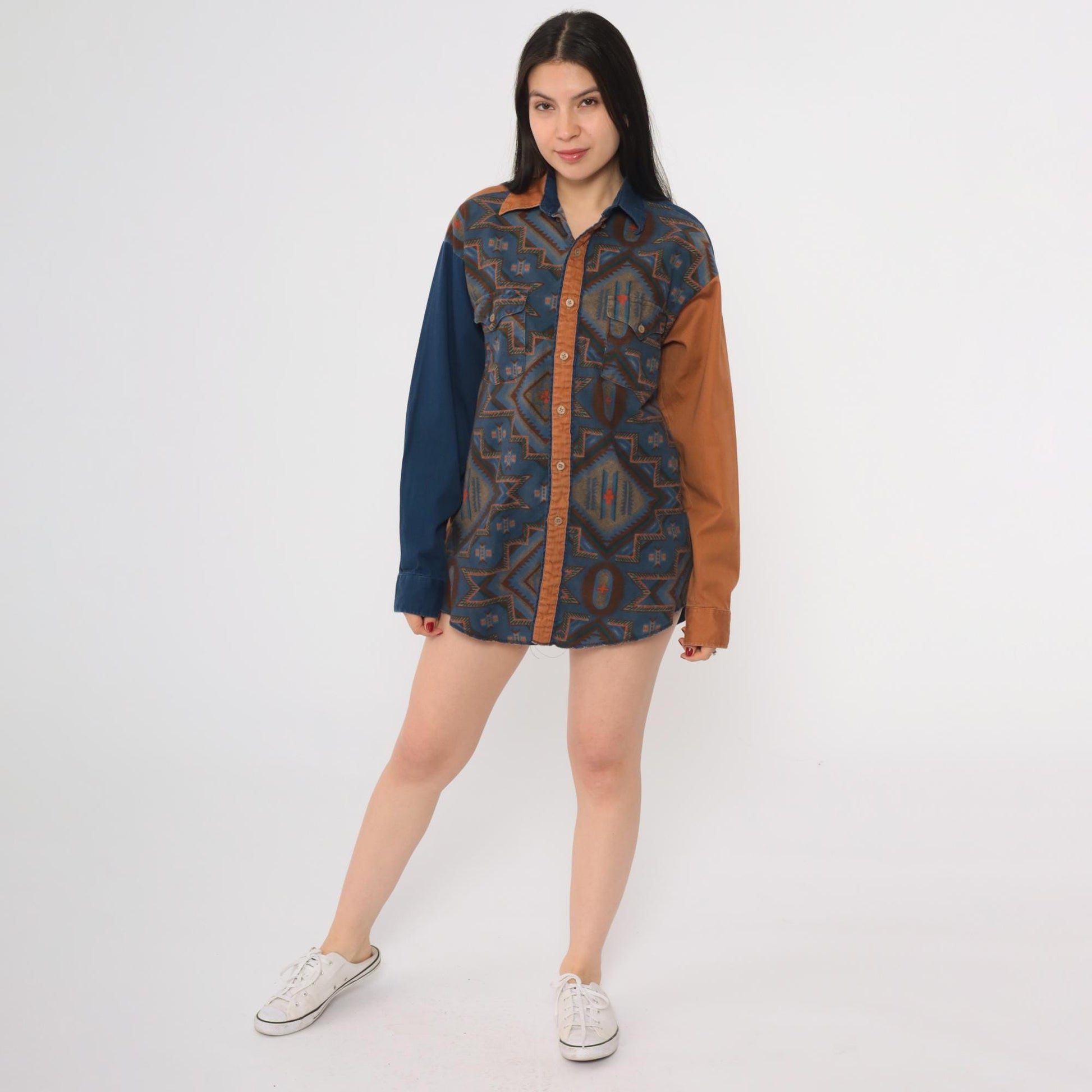 90s Panhandle Slim Western Shirt Aztec Colorblock Snap Button Medium
