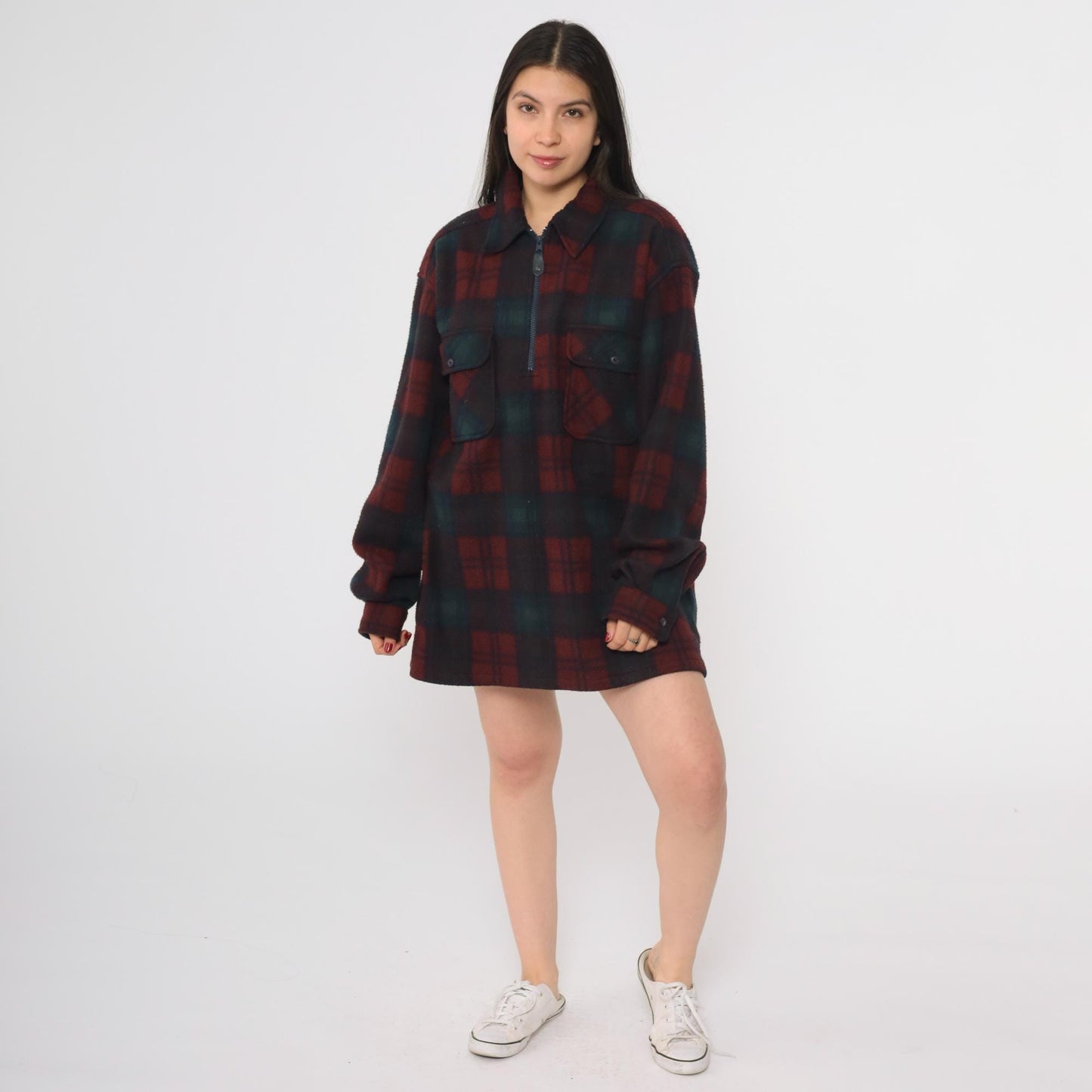 90s Badge Buffalo Check Plaid Shacket Green Burgundy Black Medium M