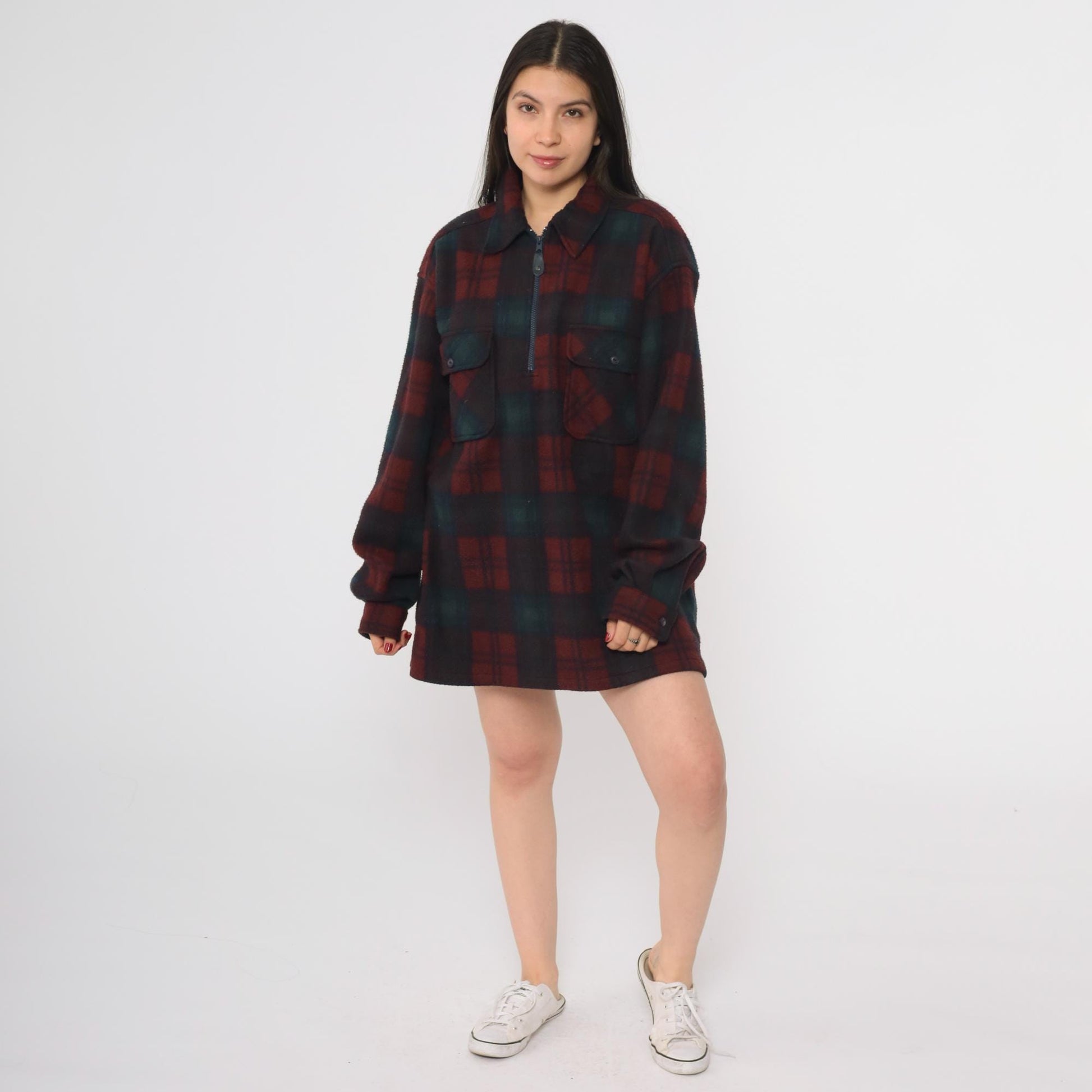 90s Badge Buffalo Check Plaid Shacket Green Burgundy Black Medium M