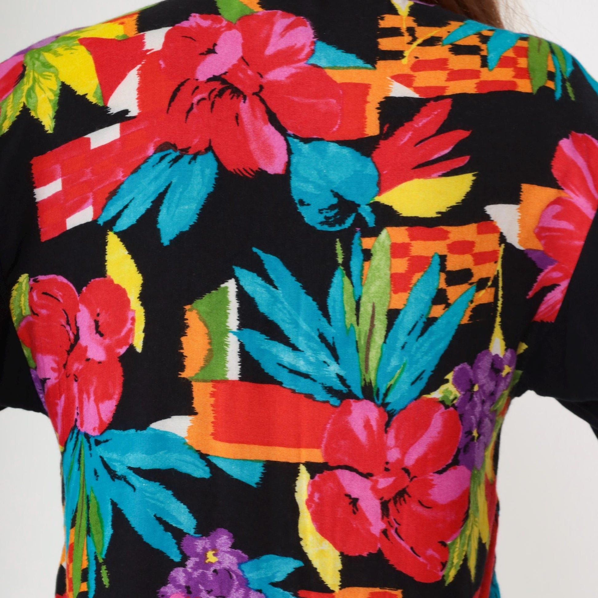 90s F Stop Floral Blouse Black Rayon Hibiscus Print Button-Up Small S