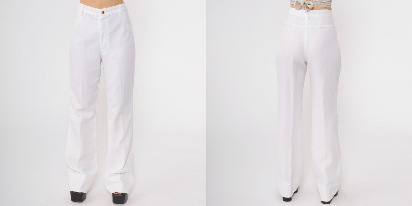 70s White High Waisted Wide Leg Flared Trousers Cotton Blend Medium M