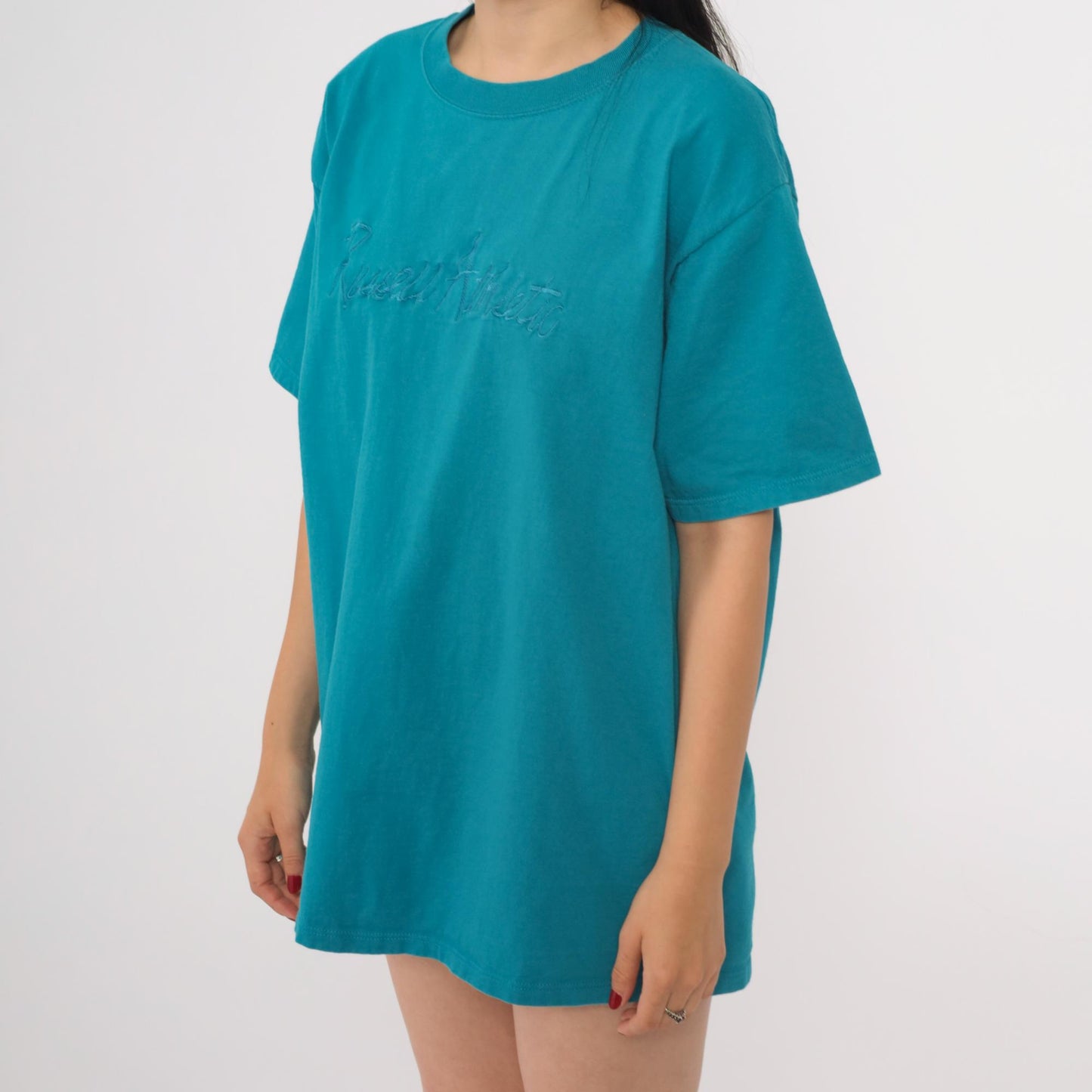 90s Russell Athletic Teal Embroidered Logo T-Shirt Cotton Crew Neck Large L