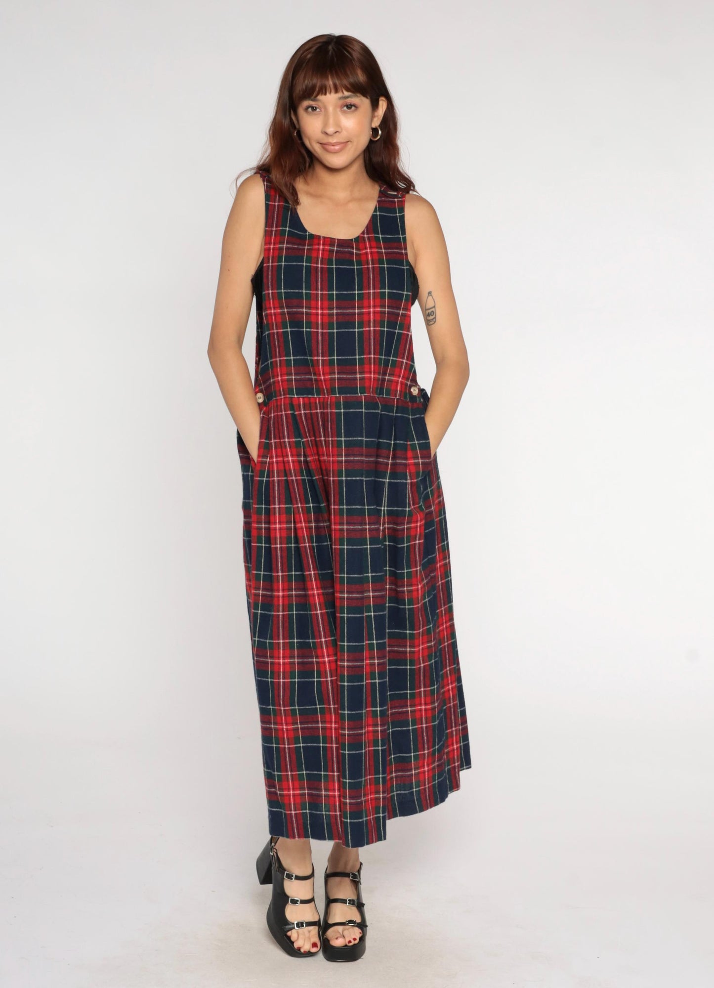 90s Willow Bend Plaid Pinafore Midi Dress Green Red Wool Blend Large