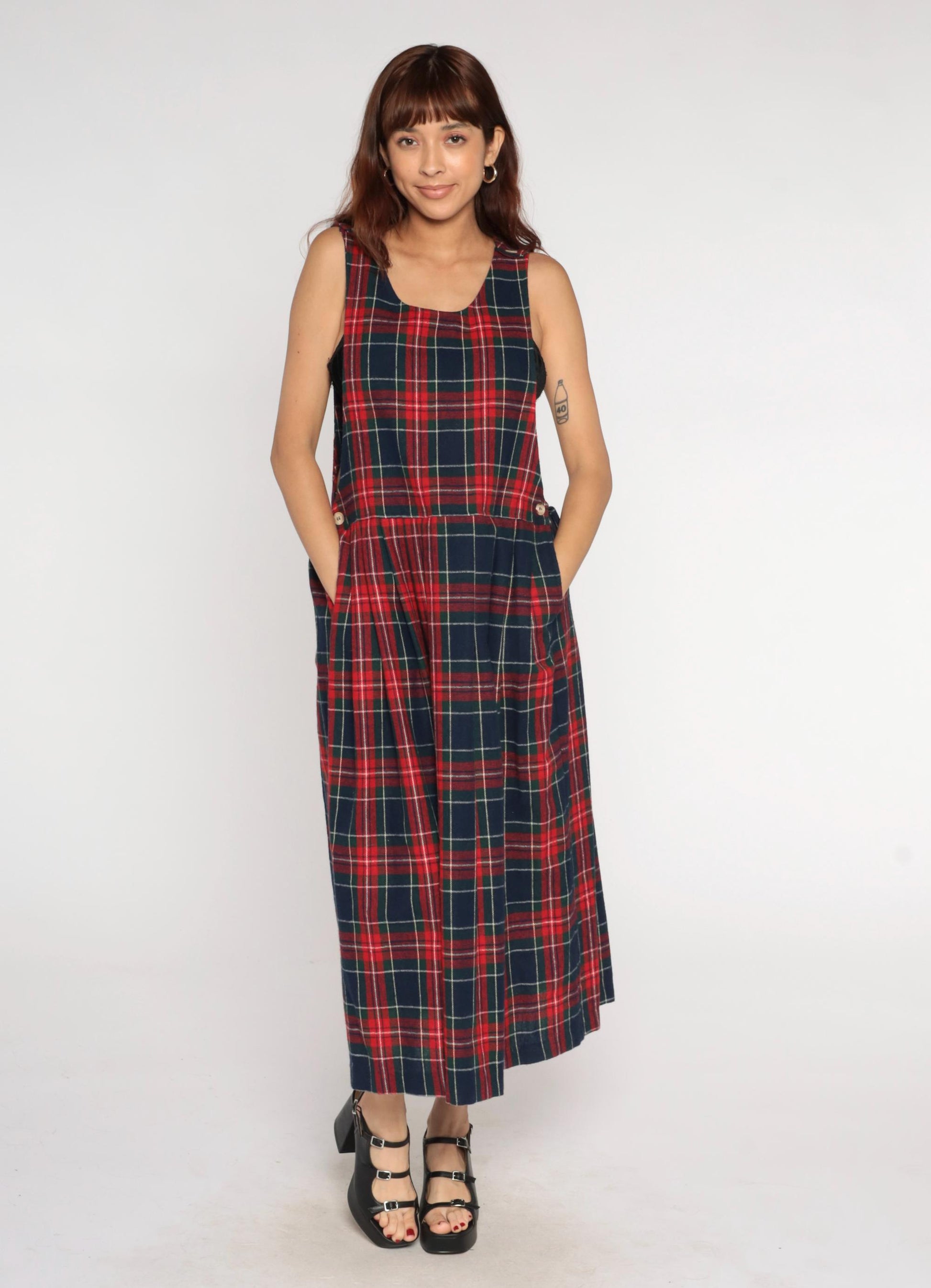 90s Willow Bend Plaid Pinafore Midi Dress Green Red Wool Blend Large