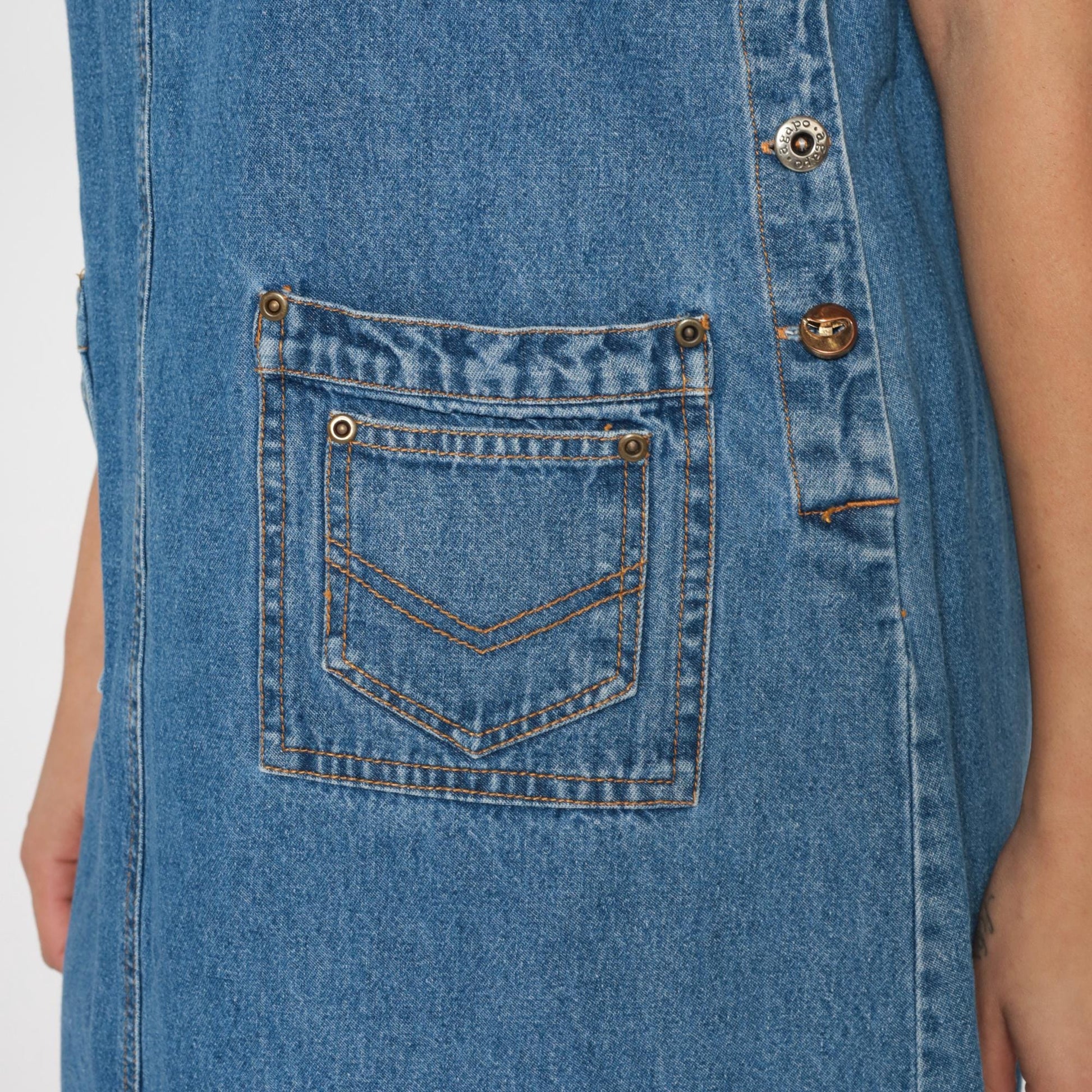 90s Agapo Denim Jumper Dress Blue Cotton Ankle Length Sleeveless Medium M