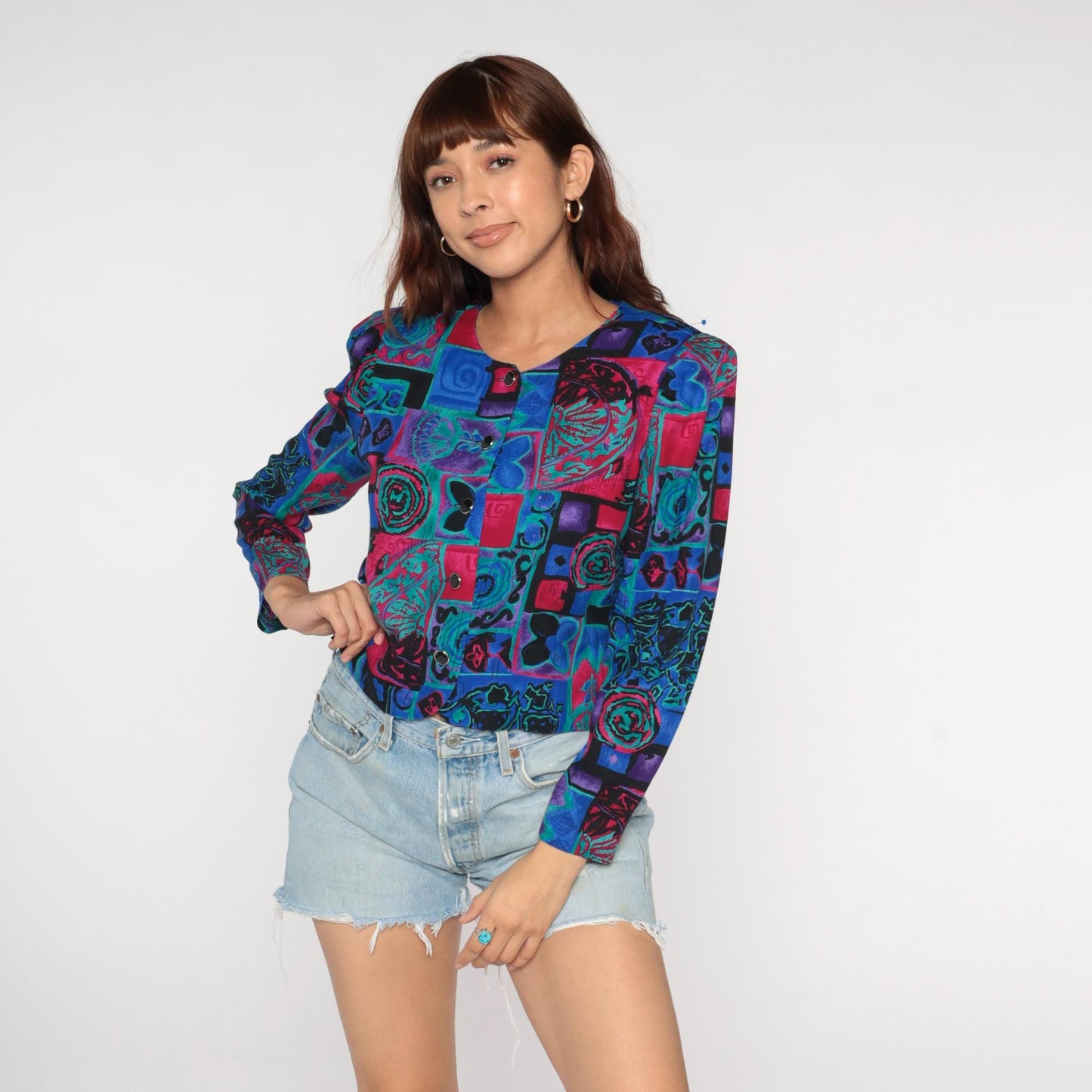 90s Patchwork Button Blouse Abstract Geometric Print Cropped Long Sleeve Medium