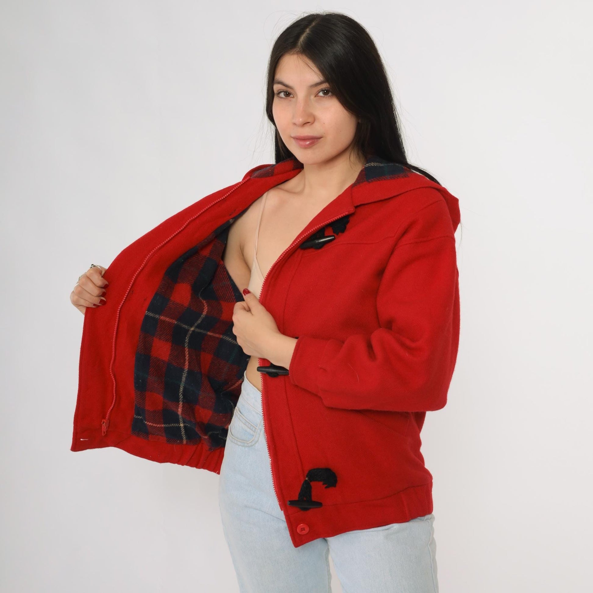70s Woolrich Red Wool Duffle Coat Hooded Toggle Closures Plaid Lining Small