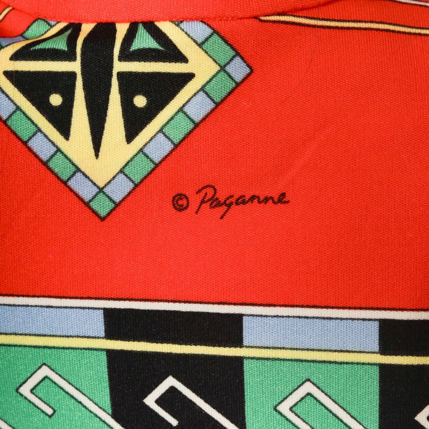 60s Paganne Gene Berk Red Wrap Blouse Geometric Tribal Print V-Neck