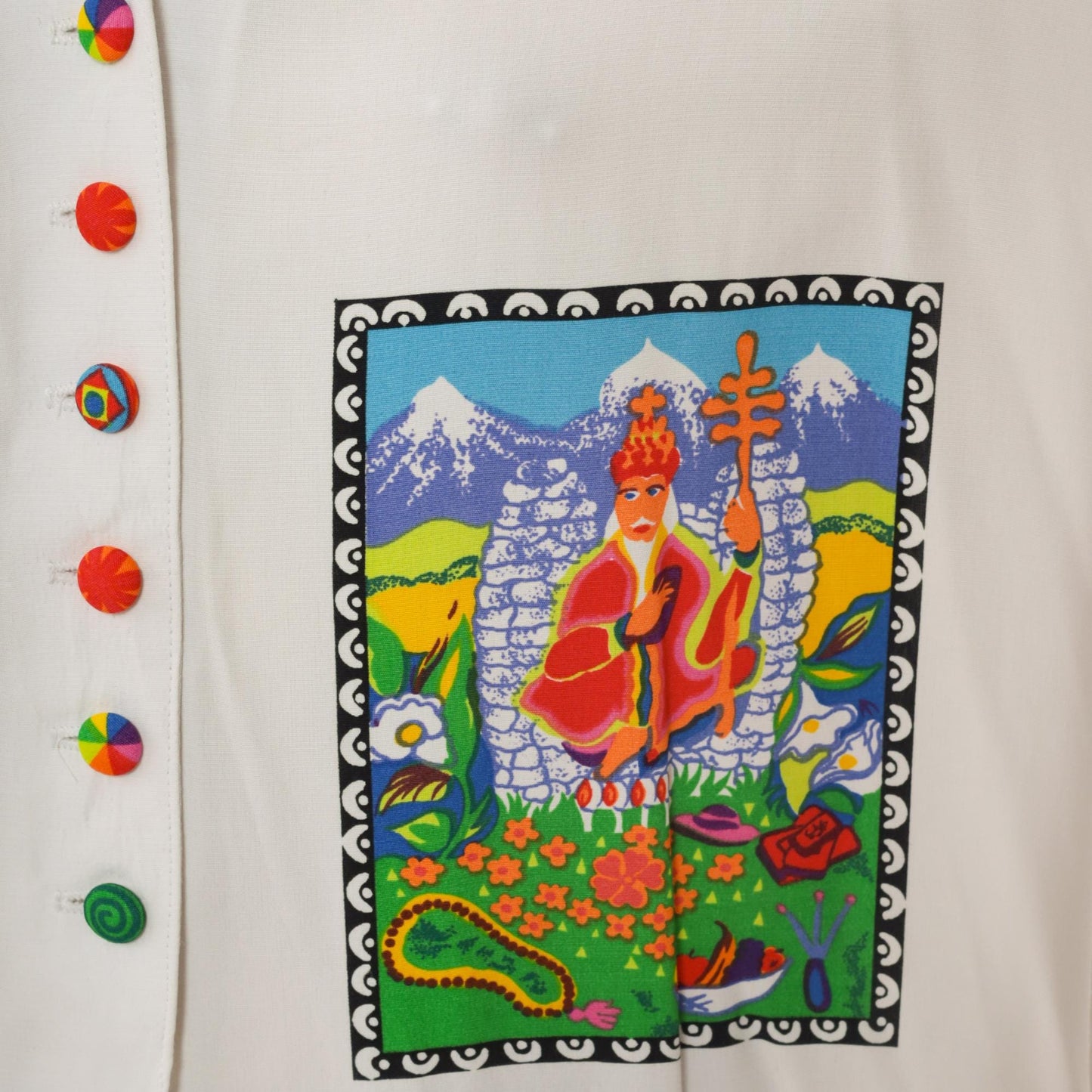 80s Platinum by Dorothy Schoelen Psychedelic Mandala Button Up Shirt White Large