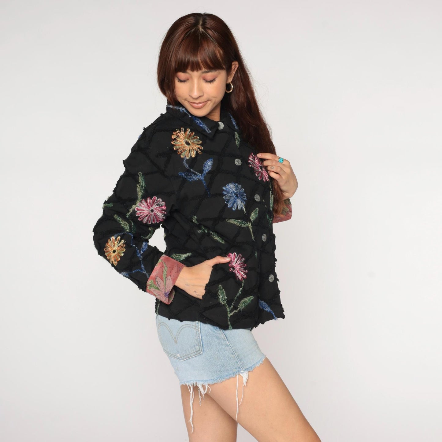 Y2K Black Quilted Cotton Jacket Embroidered Floral Chain Stitch Medium M