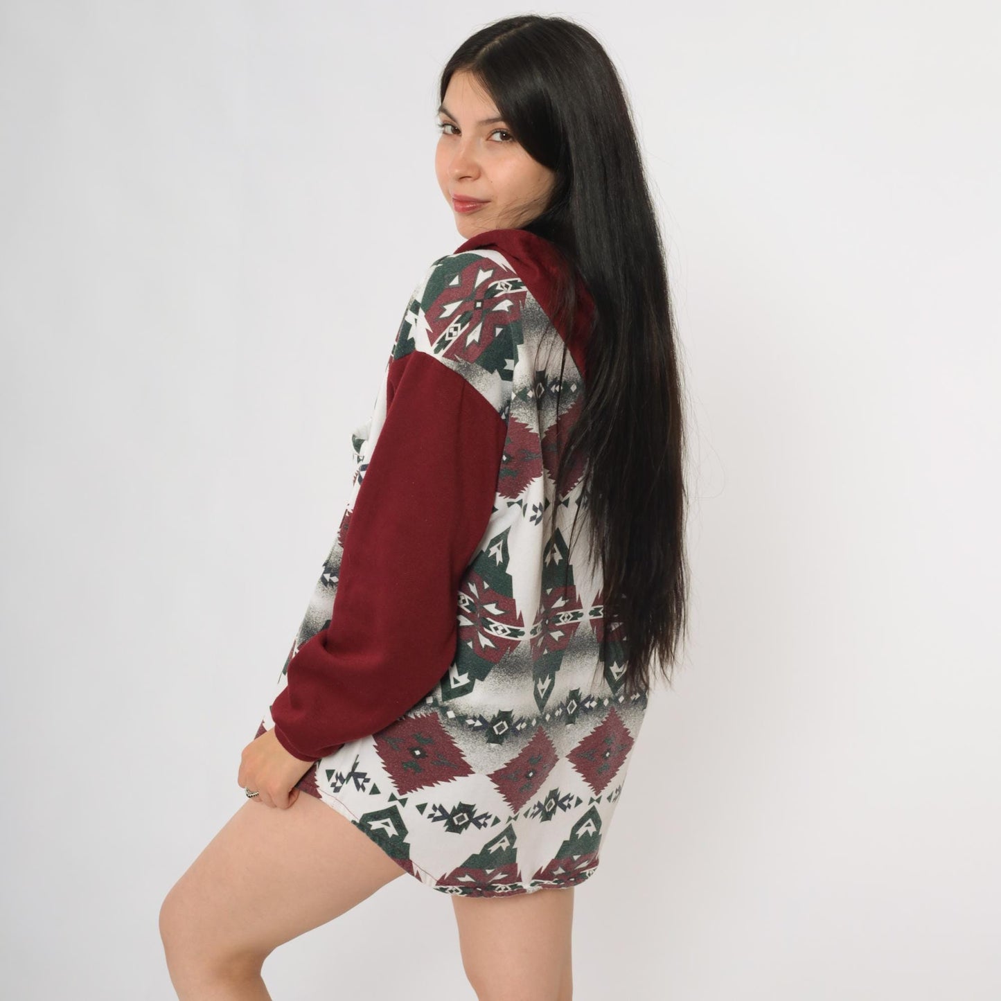 90s Mo Mart Tribal Geometric Burgundy Hoodie Sweatshirt Medium M