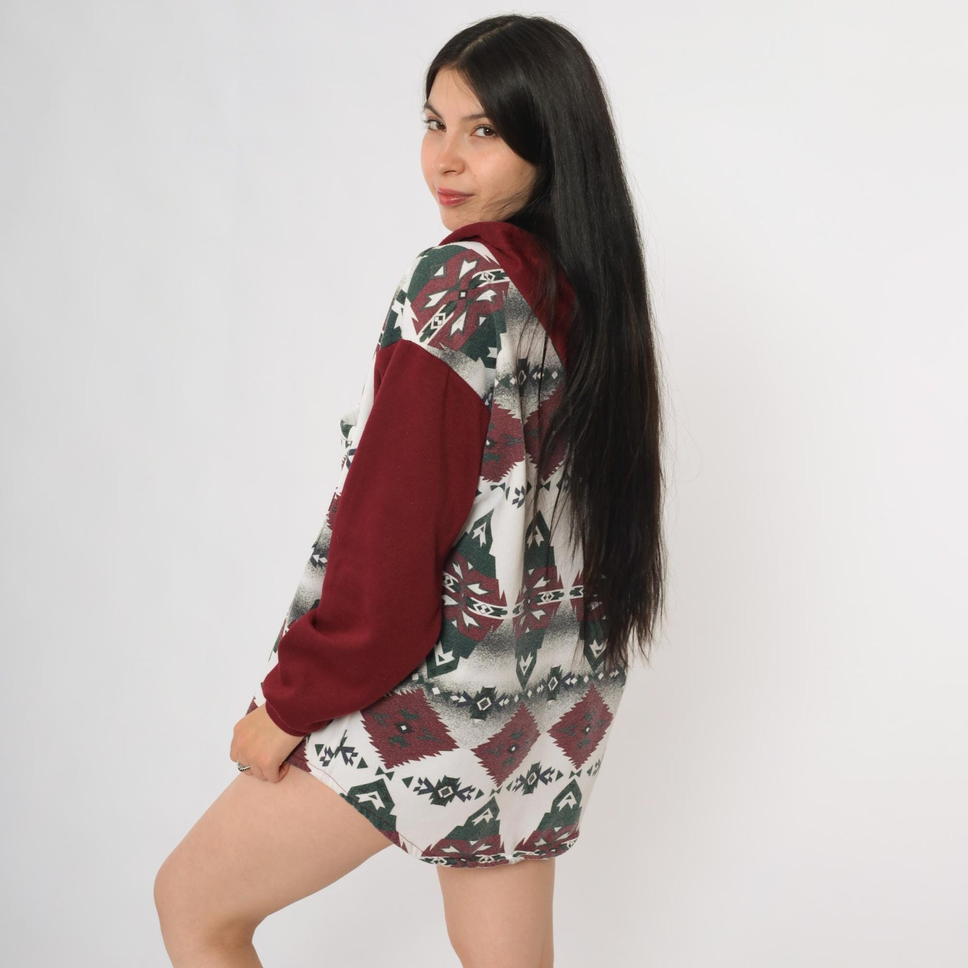 90s Mo Mart Tribal Geometric Burgundy Hoodie Sweatshirt Medium M