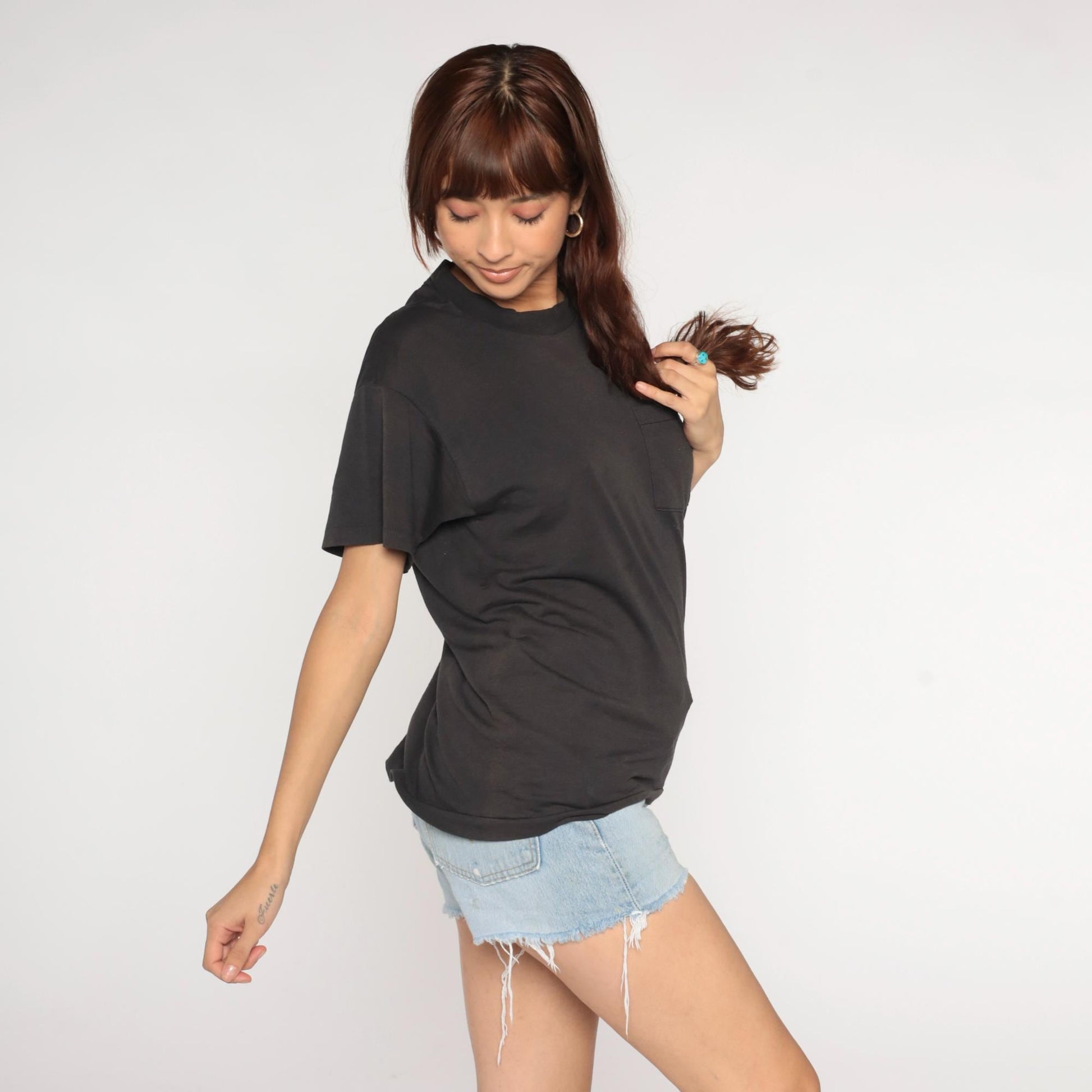 90s Black Pocket T-Shirt Cotton Blend Crewneck Small Medium