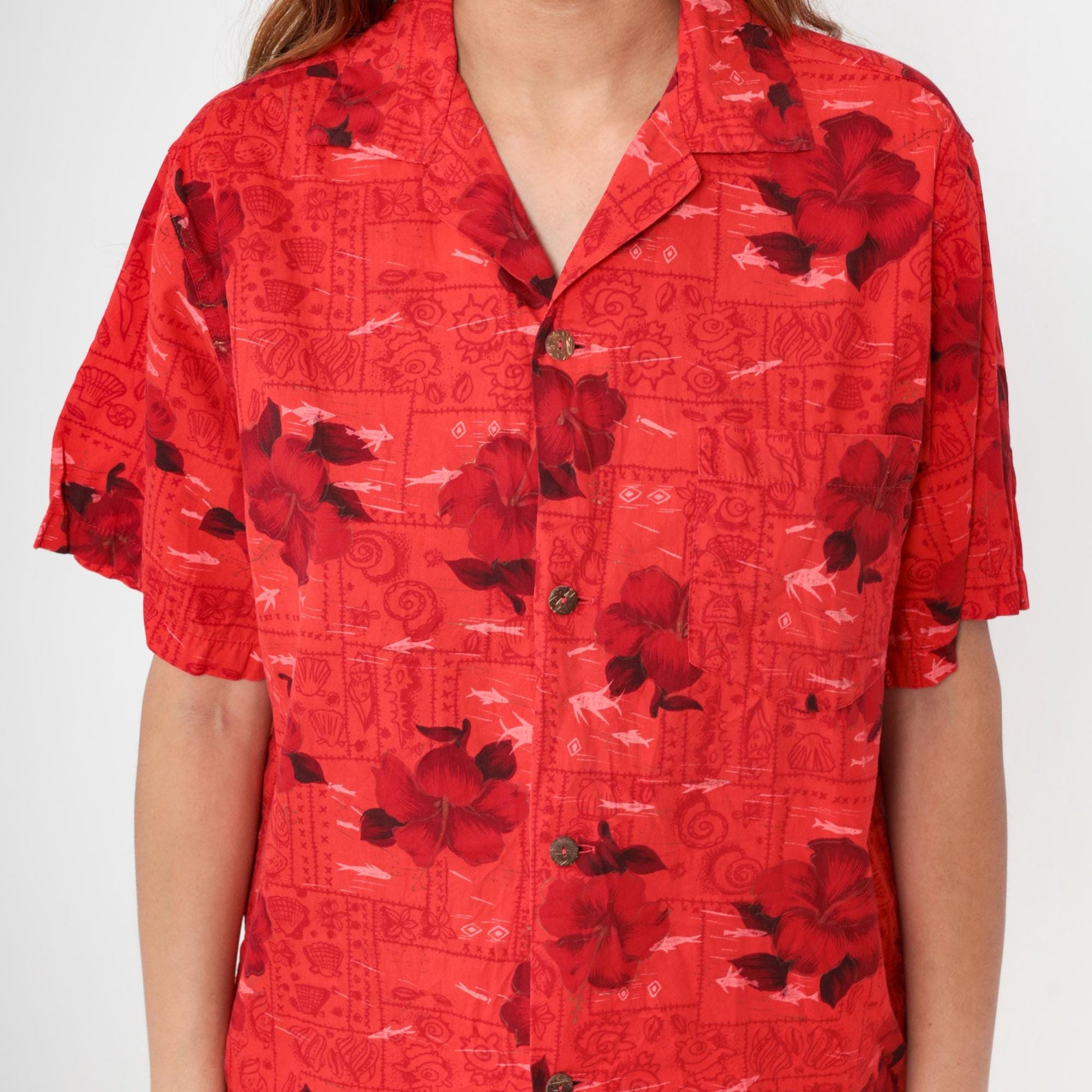 70s Hawaiian Shirt Red Floral Hibiscus Fish Print Cotton Button Up Medium