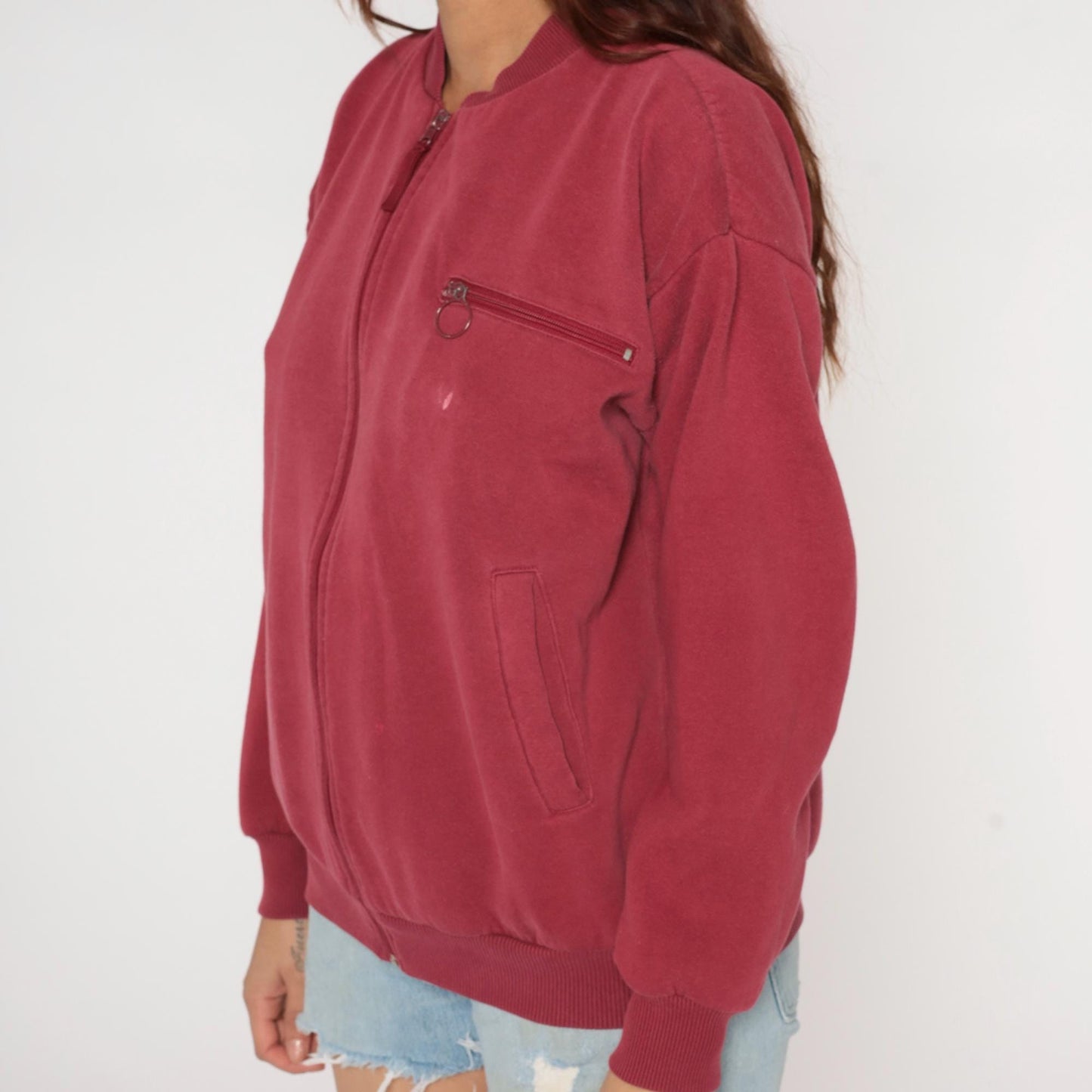 80s Burgundy Track Jacket Wine Red Zip Sweatshirt Ribbed Cuffs Small