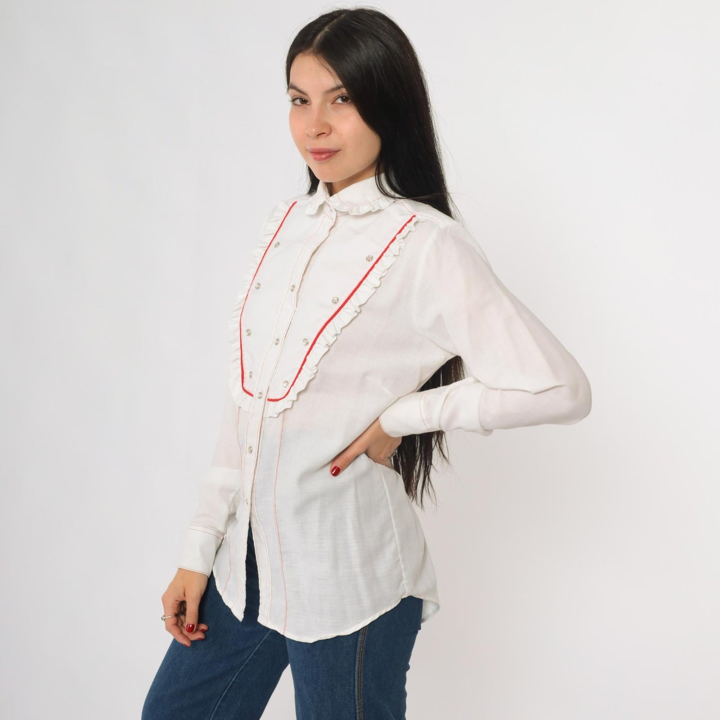 80s Rockmount Ranch Wear Western Bib Shirt White Red Piping Pearl Snap Medium